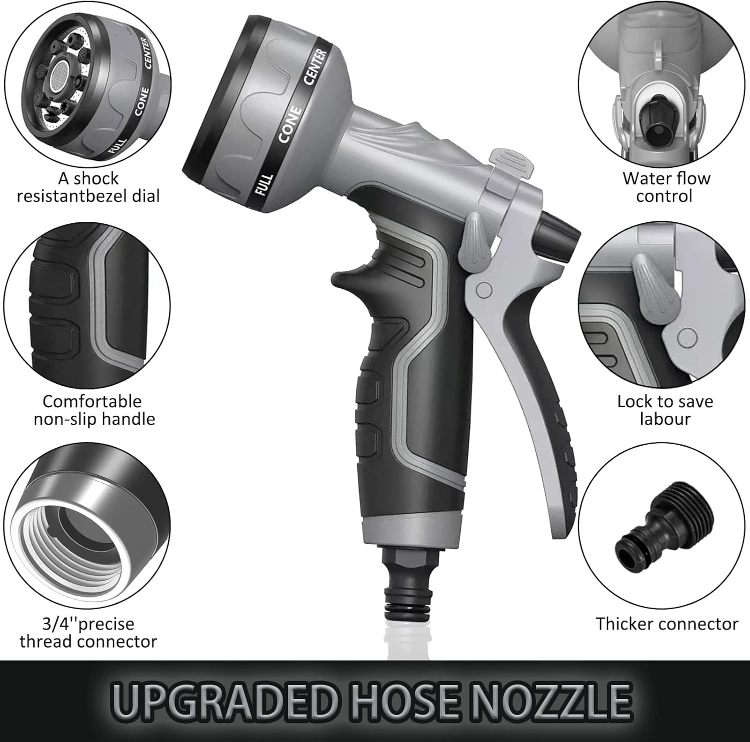 Garden Hose Nozzle,Upgrade Garden Hose Spray Gun,8 Adjustable Watering Patterns Garden Hose Nozzles & Spray Guns, Hose Nozzle Suitable for Watering Plants/Washing Cars/Showering Pets(Grey)