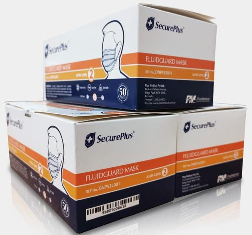 SECURE plus Fuildguard Face Mask W/Earloop - ASTM Level 2 Face Mask,Made in Australia,Blue