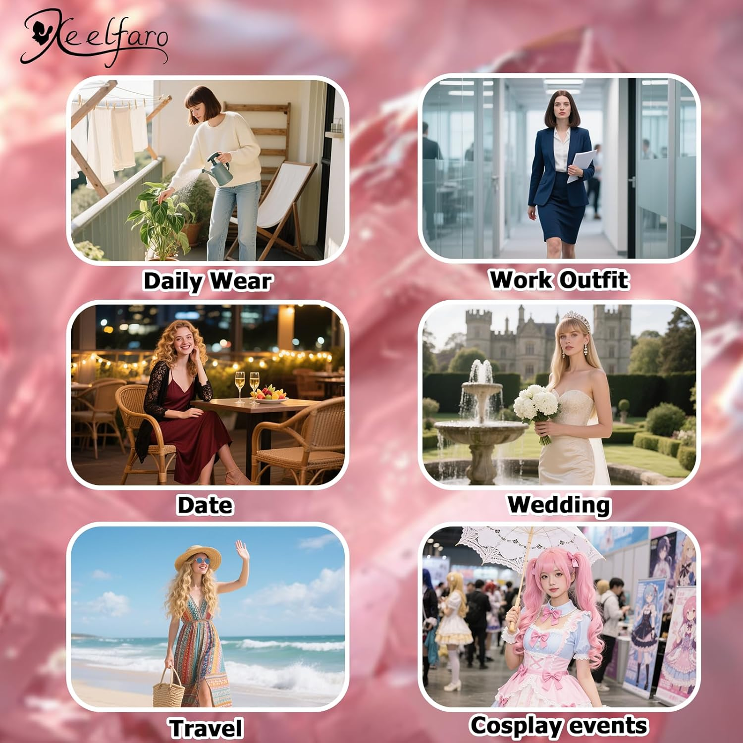 Xeelfaro Pink Wavy Long Wig for Women Full Head with Natural Curls & Soft Texture, Flowing 24Inch Wig for Special Occasions Style Statements (Pink, 24Inch) - Brown image number 5