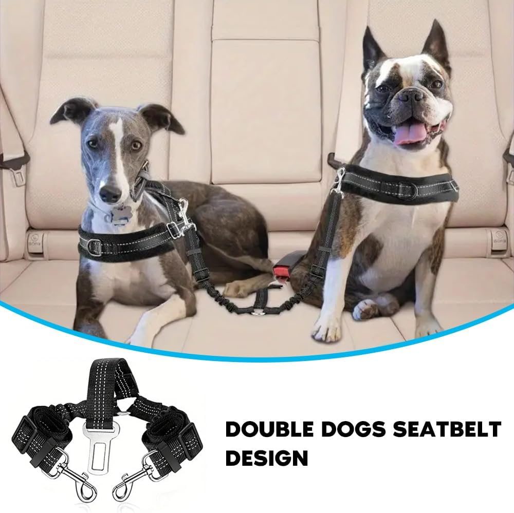 Double Dog Seatbelt,Coupler Lead with Elastic Bungee and Reflective Stripe,No Tangle Safety Belt Splitter in Vehicle for Two Pets Pets Trip Travel image number 1