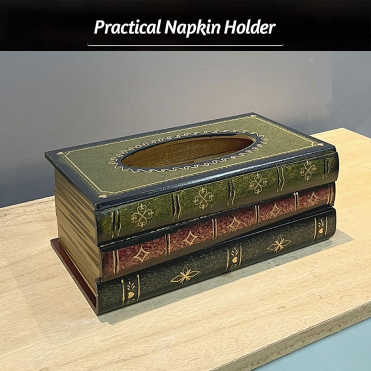 AIMALL Retro European-Style Hand-Painted Book-Shaped Tissue Box, Wooden Decorative Napkin Holder, Vintage Art Paper Box for Restaurant Table Ornaments, 10X5.7X4 Inches image number 2
