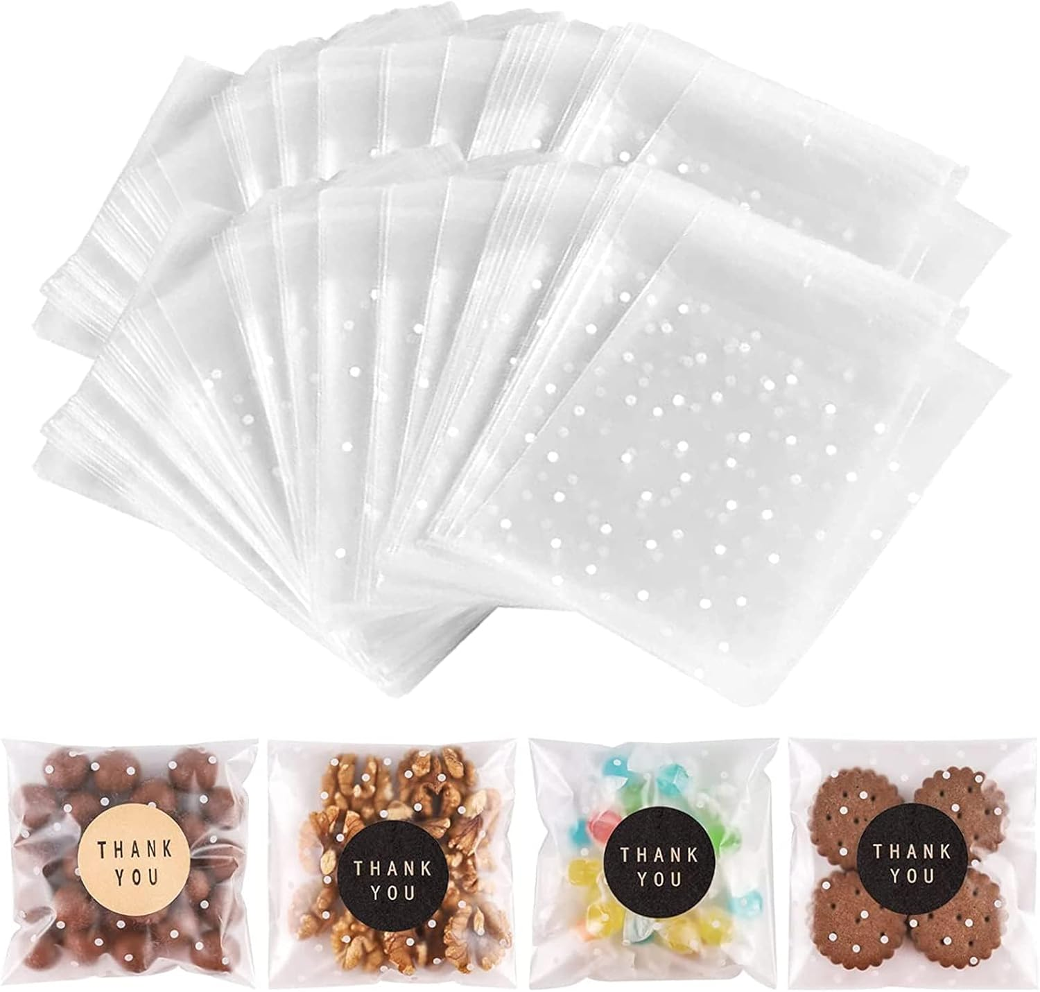 NPLUX 100PACK Self Adhesive White Polka Dot Cookie Bags (4X4 Inch) with Stickers, Non-Reusable, Plastic, Polypropylene (PP), Self Seal, Cellophane Treat Bags for Gift Giving, Storage, Packing