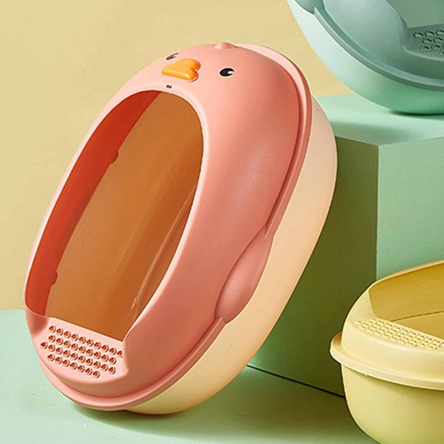 Cat Litter Boxes Indoor Cats Semi Open Portable Cartoon Duck Shape Cat Litter Pan Cat Sandbox Cat Bedpan for Sand Box Supplies Rabbit Kitty, Green (Color : Pink) image number 2