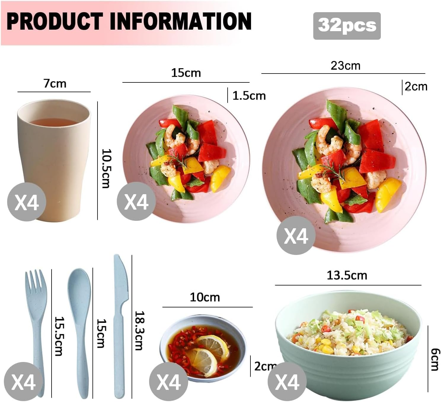 32 Pcs Wheat Straw Dinner Set for 4, Unbreakable Dinnerware Sets, Reusable Plates and Bowls Sets, Lightweight, Microwave & Dishwasher Safe, Eco Friendly, Perfect for Camping, Picnic【Size Upgrade】 image number 1