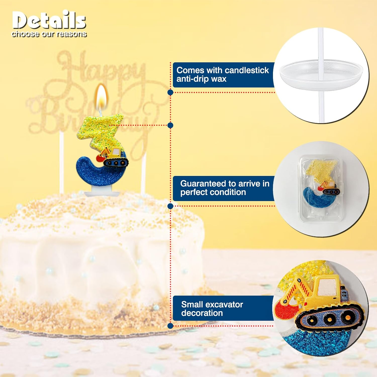 Number 3 Birthday Candles with Excavator Design - DIY Number Cake Decorations for Boys, for 3Rd Birthday Party image number 5