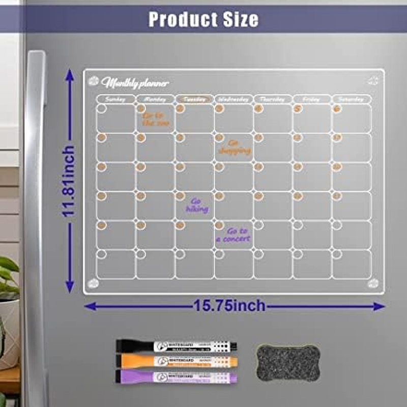 2025 Acrylic Magnetic Dry Erase Board Calendar for Fridge, 16&rdquo;X12" Clear Acrylic Dry Erase Board for Refrigerator, Reusable Magnetic Monthly Planner image number 4