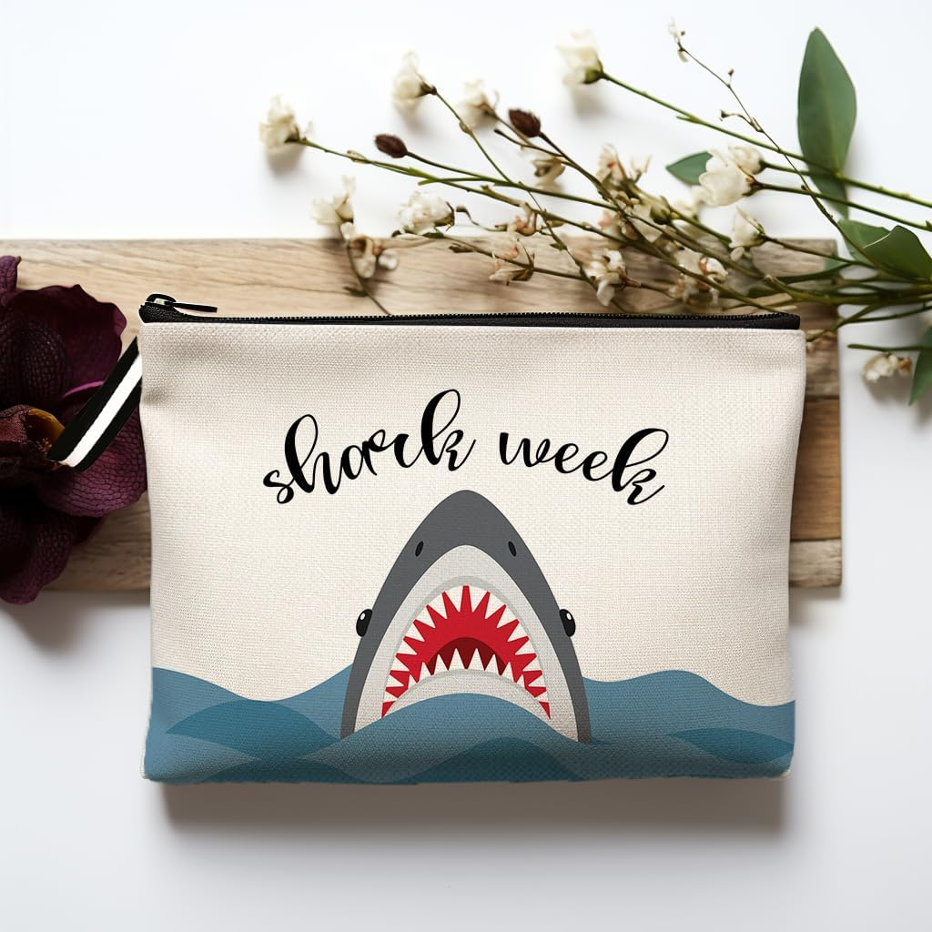OUZ Shark Gifts for Girls Shark Gift Makeup Bag Sharks Week Gift Birthday Gifts for Shark Girl Animal Lover Gift Cosmetic Bag Graduation Gifts for Friend Sister Daughter Cosmetic Travel Pouch, Beige, image number 1