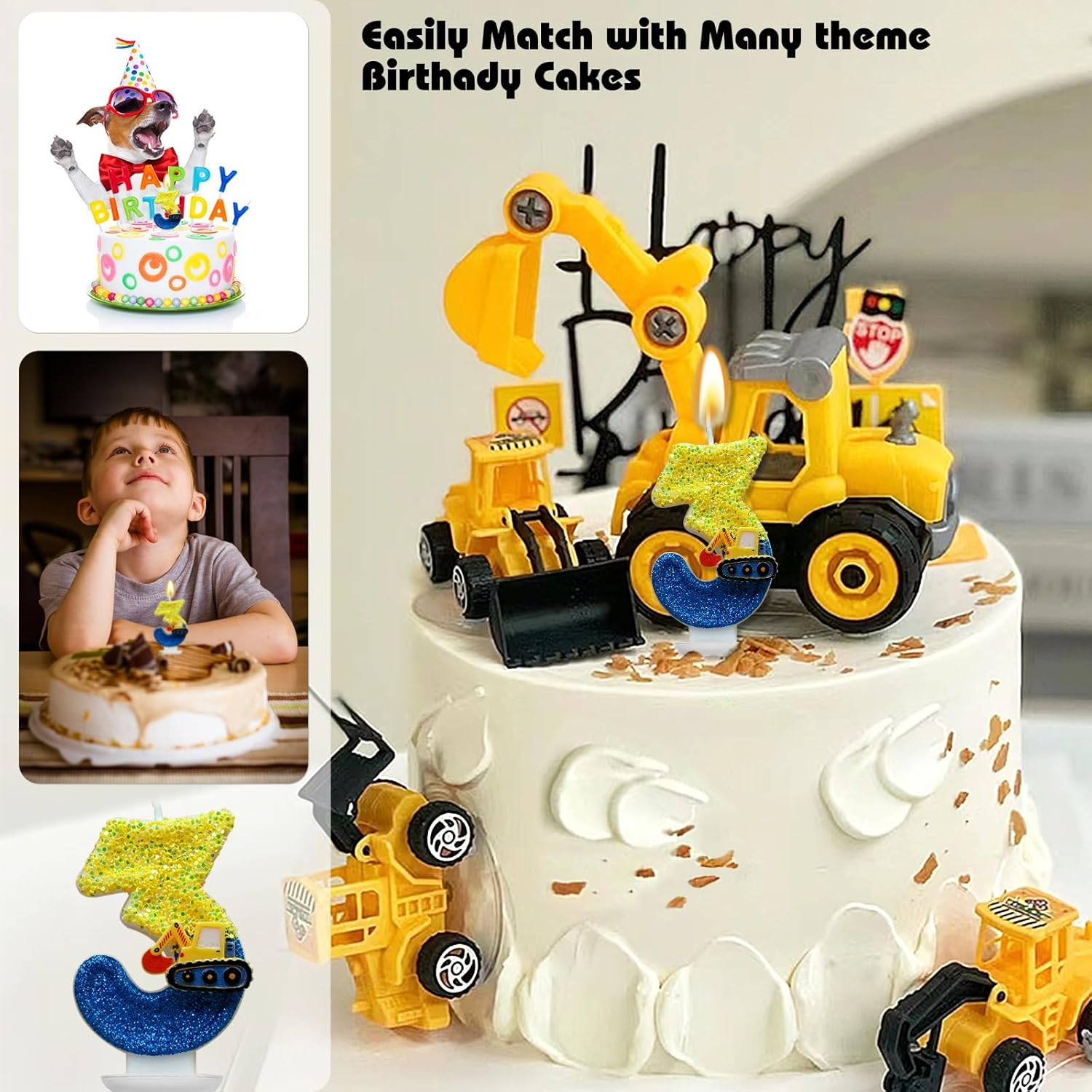 Number 3 Birthday Candles with Excavator Design - DIY Number Cake Decorations for Boys, for 3Rd Birthday Party