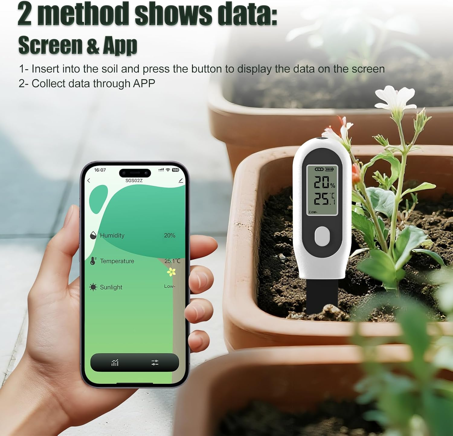 Zigbee Smart 3 in 1 Garden Soil Moisture Sensor, Temperature and Light Monitor, Compatible with Tuya Smart App and Home Assistant (2PCS Soil Meters) image number 5