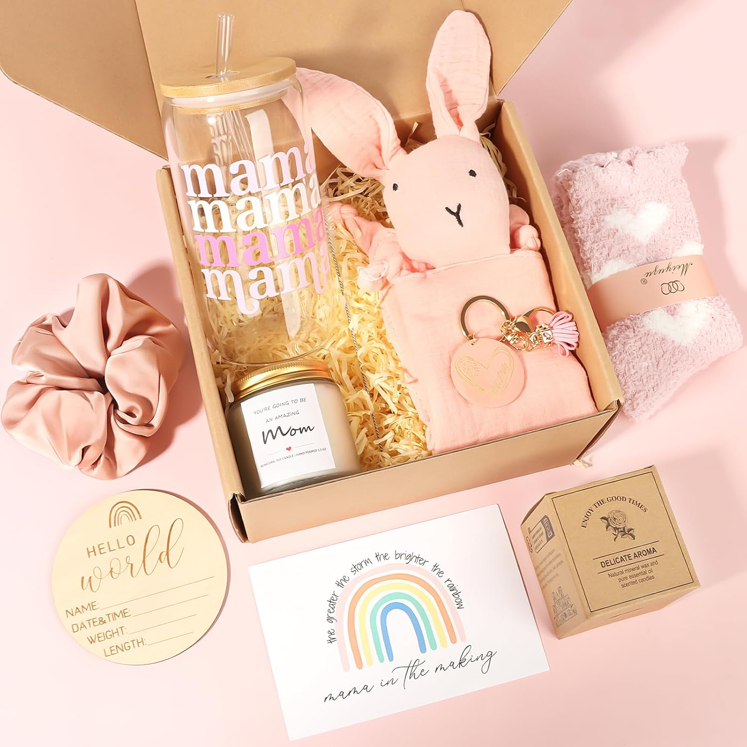 New Mom Gifts Box, Pregnancy Gifts for Expecting Mom, Basket for Girls Boys, Postpartum Gifts for First Time Moms, Cool Gifts for New Mom after Birth, New Mom Care Package after Baby (Pink) image number 6