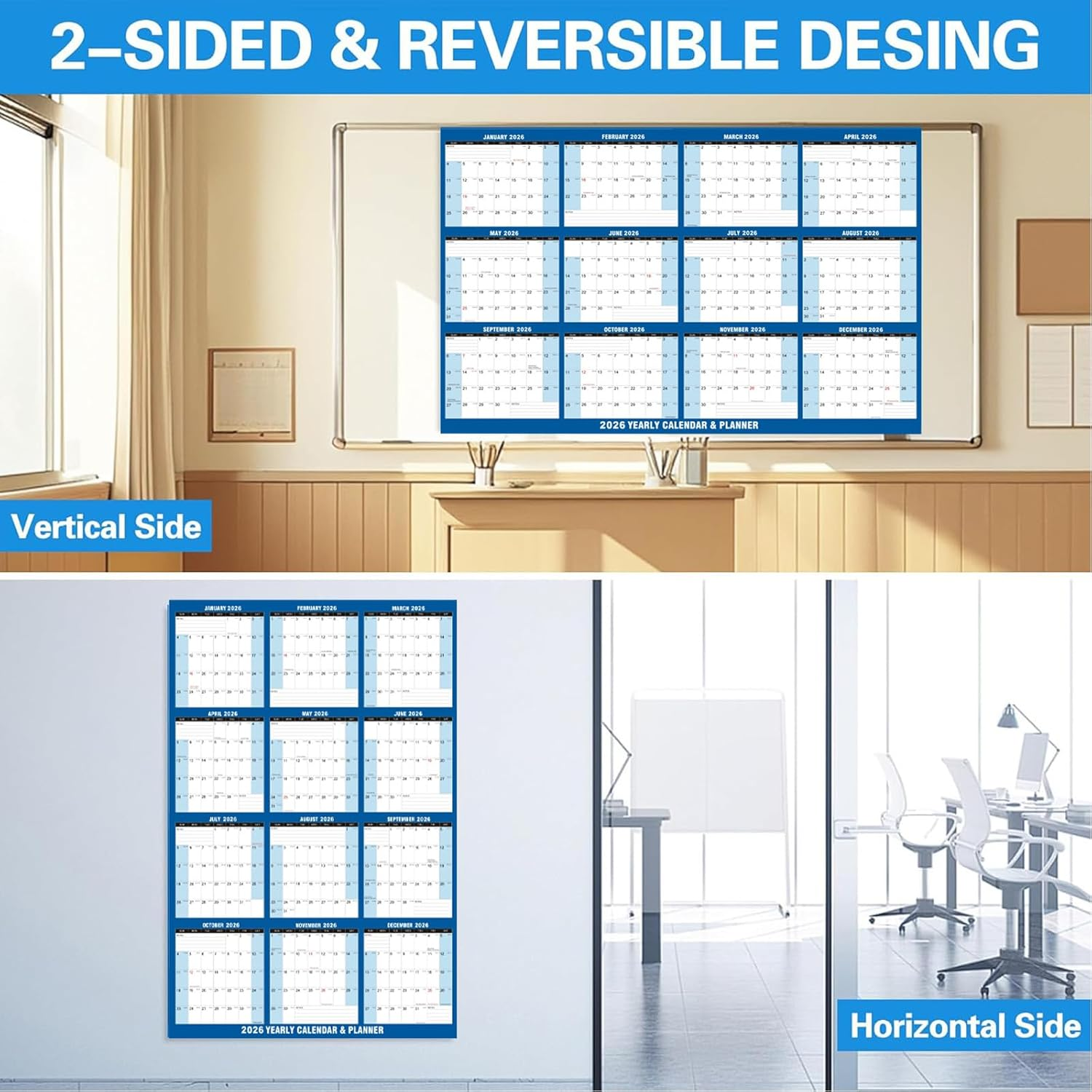 Wall Calendar 2026，61 X 87 Cm Large Dry Erase Year Calendar with Stickers & Marker,Wet & Dry Erasable Laminated 12 Month Annual Yearly Planner, Reversible, Horizontal/Vertical