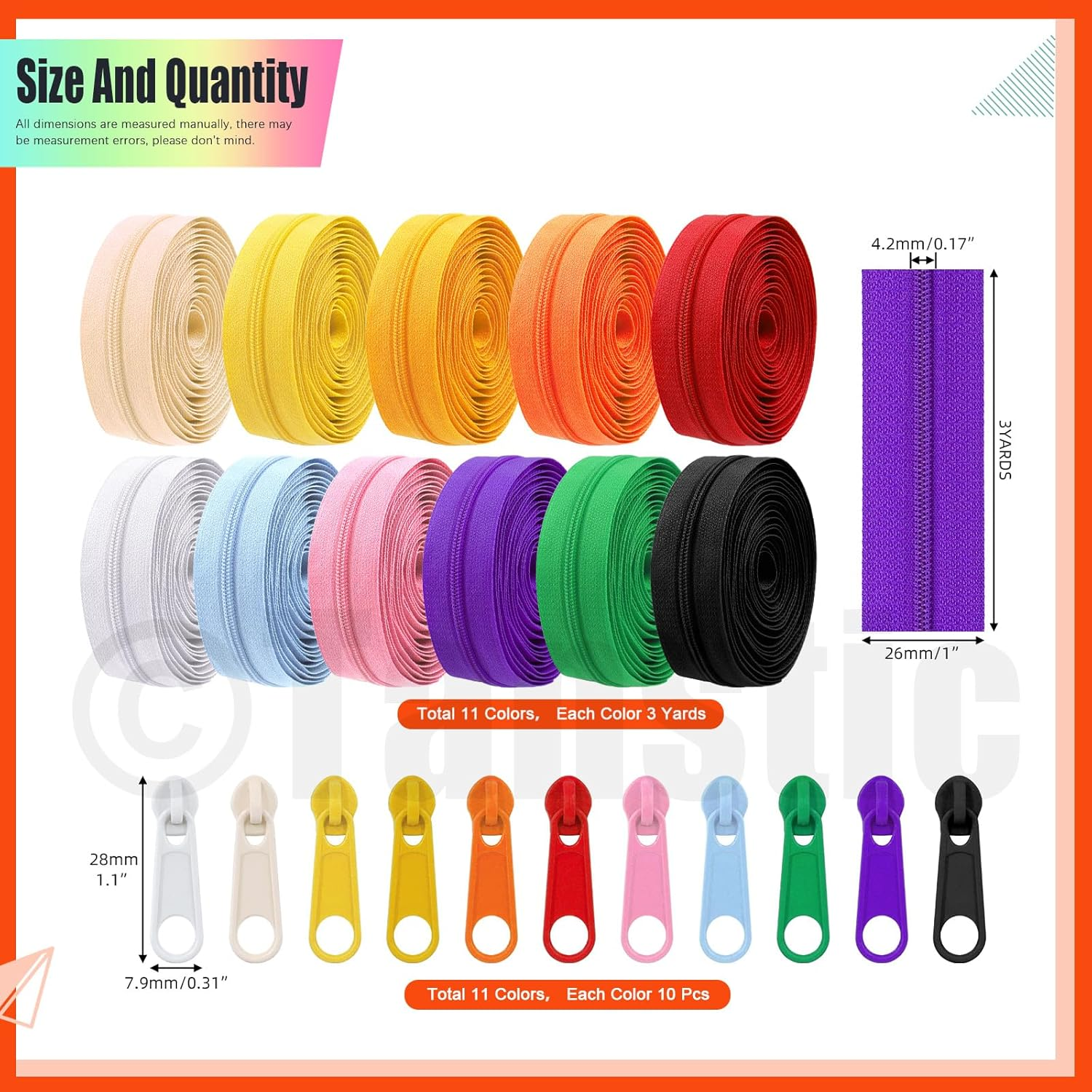 Tanstic 121Pcs (11 Sets) 33 Yards Nylon Coil Zippers with Sliders Assortment Kit, 11 Colors Sewing Zippers Bulk with Zipper Heads for Tailor Sewing Crafts image number 2