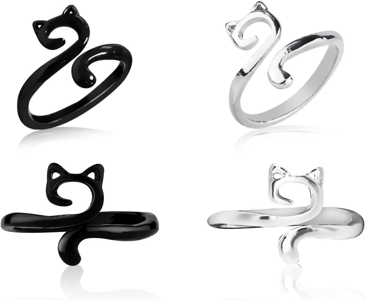 4Pcs Crochet Rings, Adjustable Knitting Crochet Loop Rings Open Yarn Tension Ring Yarn Guide Finger Holder Knitting Thimble Ring for Faster Knitting Supplies for Mother Grandma Gift(Cat Style) image number 5