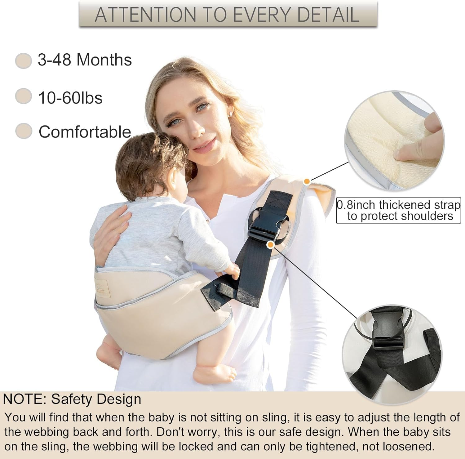 Toddler Sling Carrier Lightweight Baby Carrier Sling Baby Hip Carrier with Hip Seat Carrier for Toddler, Baby Sling Carrier Toddler Carrier Slings Carrying 10-60 Lbs (Beige) image number 4