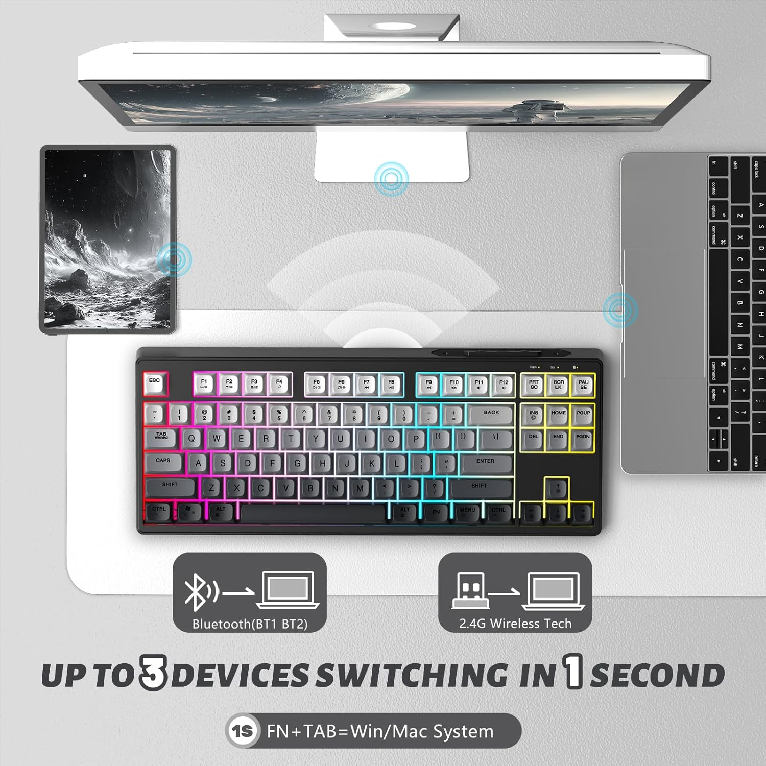 ATTACK SHARK X FREEWOLF M87 80% Wireless Gaming Keyboard, 87 Keys TKL Rainbow Backlit Mechanical Feeling SA PBT Membrane Keyboard Bt/2.4Ghz Connect with 4000Mah Battery for Mac/Win - Black Gradient image number 5