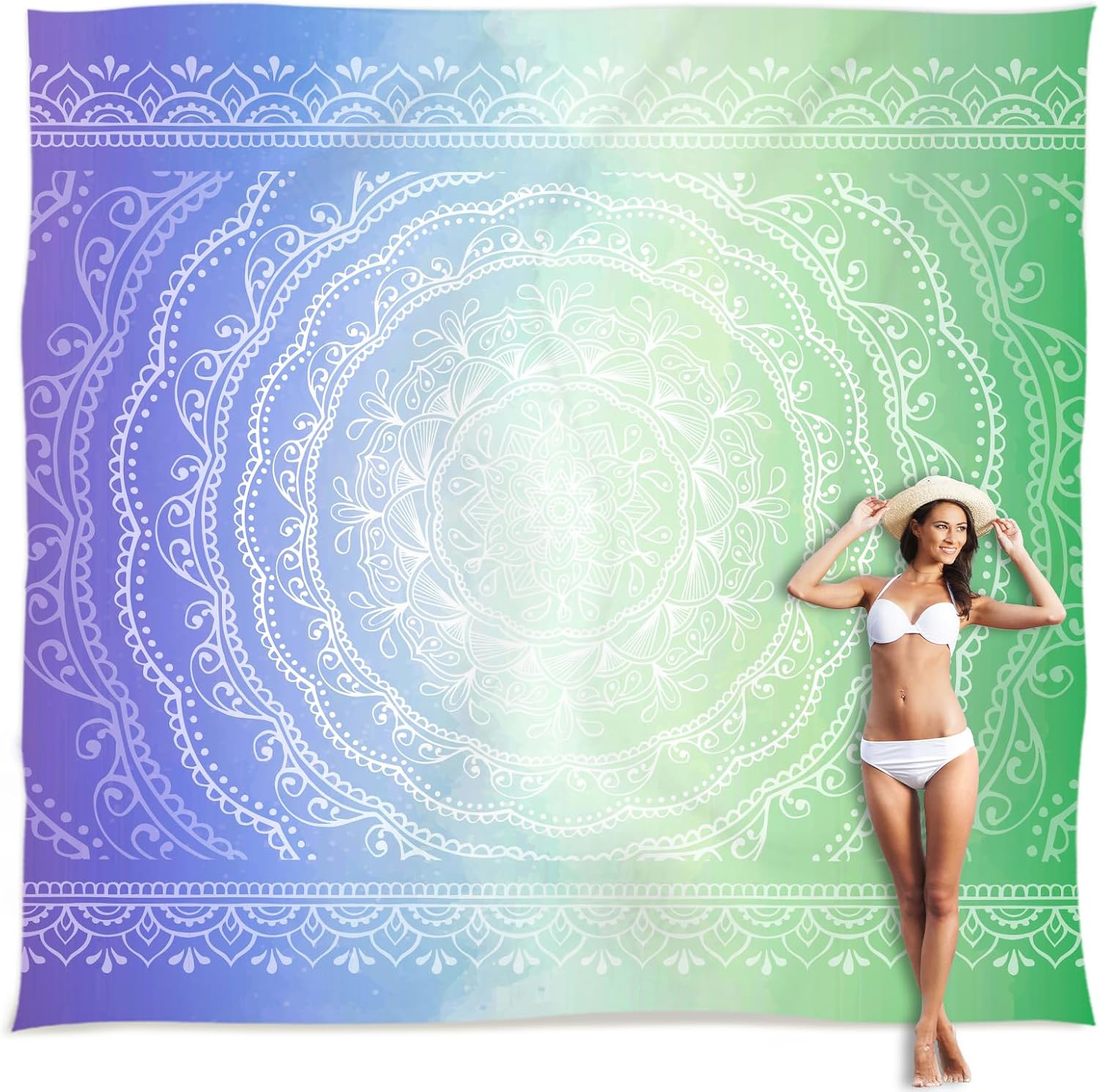 Sunlit 10'X9' Extra Large Boho Sand Proof Beach Blanket, Sand Proof Mat with Corner Pockets and Mesh Bag for Beach Party, Travel, Camping and Outdoor Music Festival, Bright Turquoise Mandala