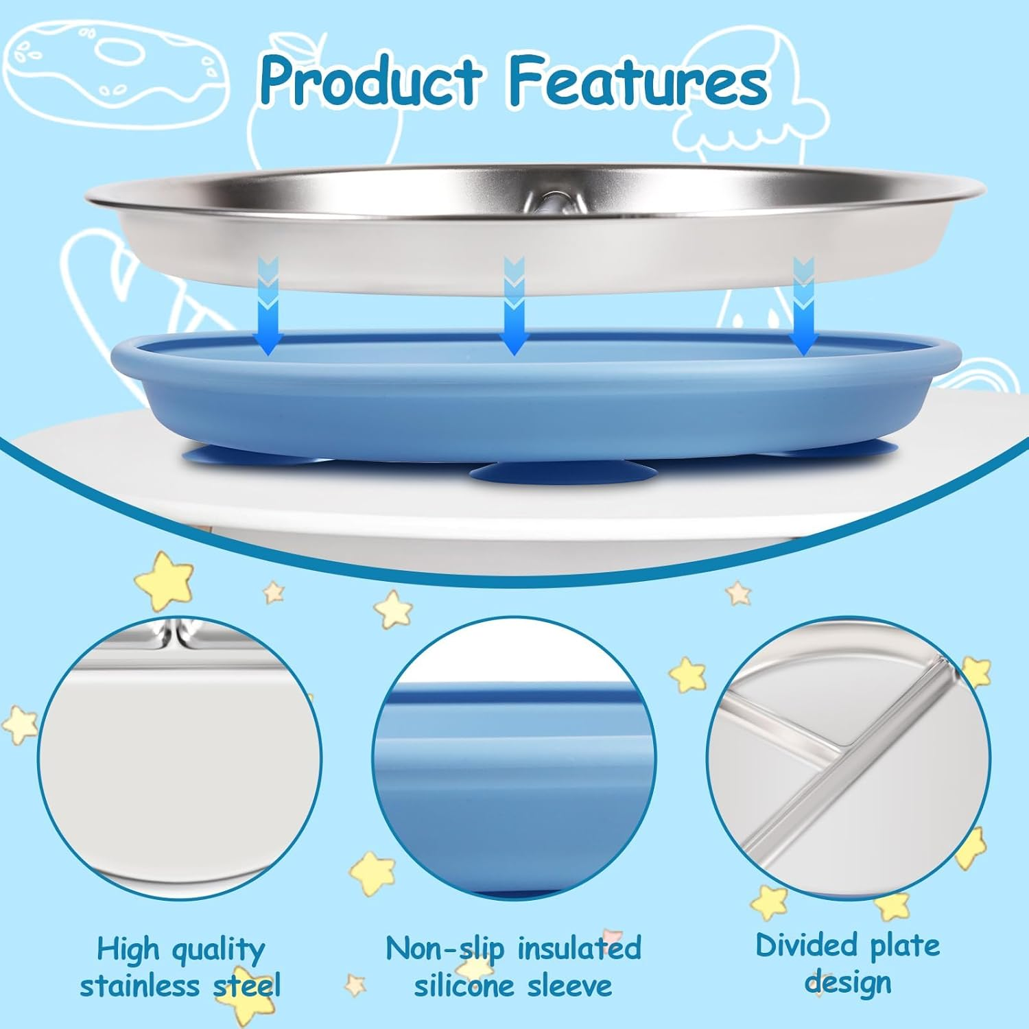 Stainless Steel Baby Plates with Suction,9&rdquo; Divided Plates Silicone Sleeve for Kids,Metal Toddler Plates BPA Free, Children Feeding Unbreakable Dishwasher Safe Set of 2 (Blue and Grey) image number 2