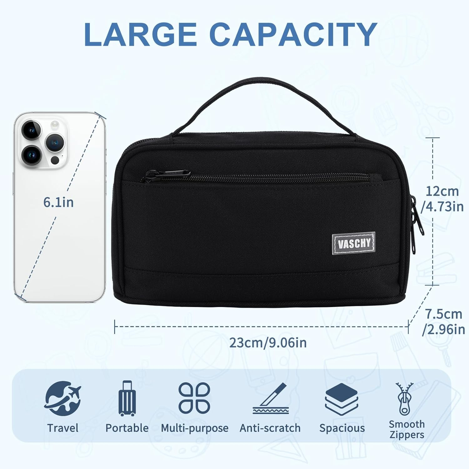 Pencil Case for School, Vaschy Large Cute Pencil Case Kids Pen Bag W Zippers Top Handle for Teens,Students,Adults School Supplies Organizer Black - Blue image number 2