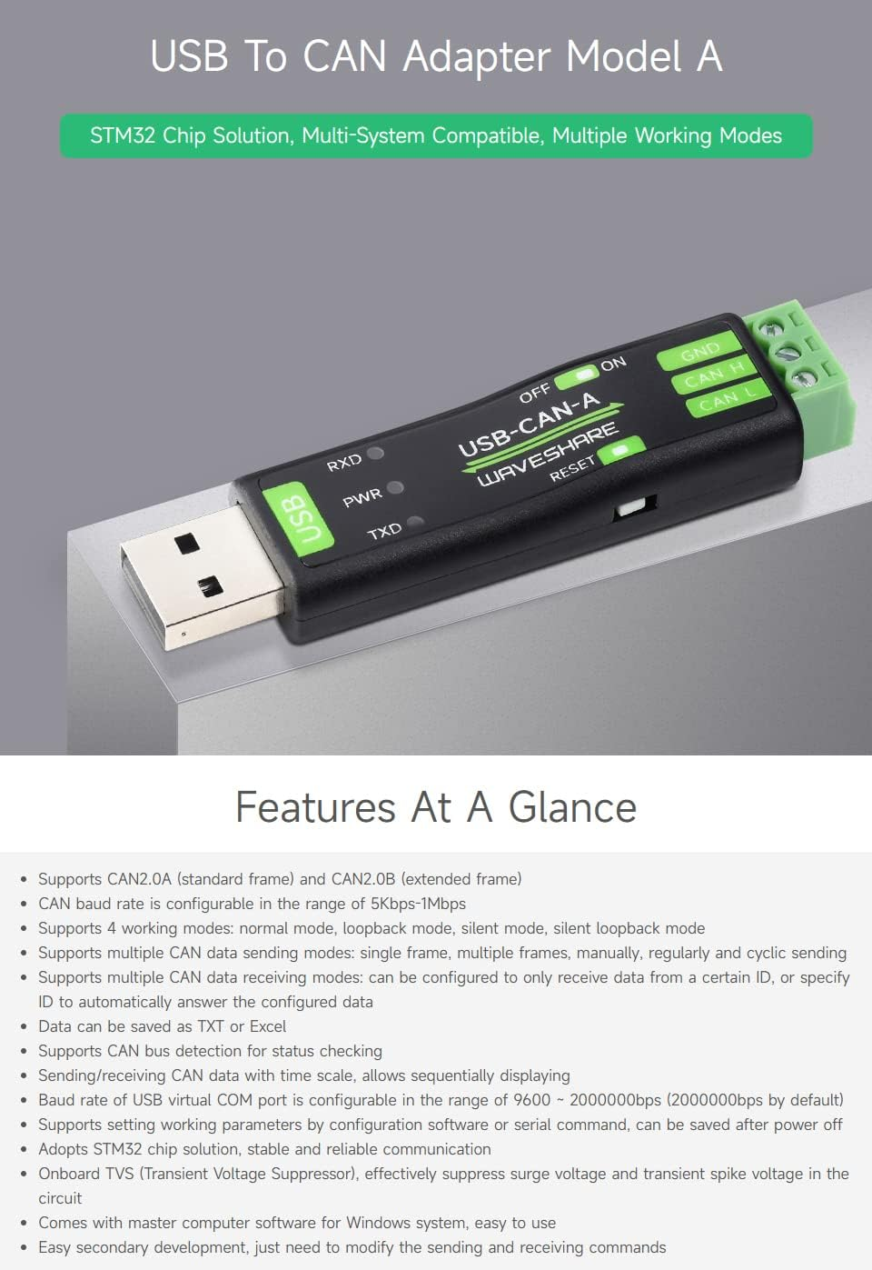 Waveshare USB to CAN Adapter Model A, Supports Multiple Working Modes, Multi-System Compatible image number 3