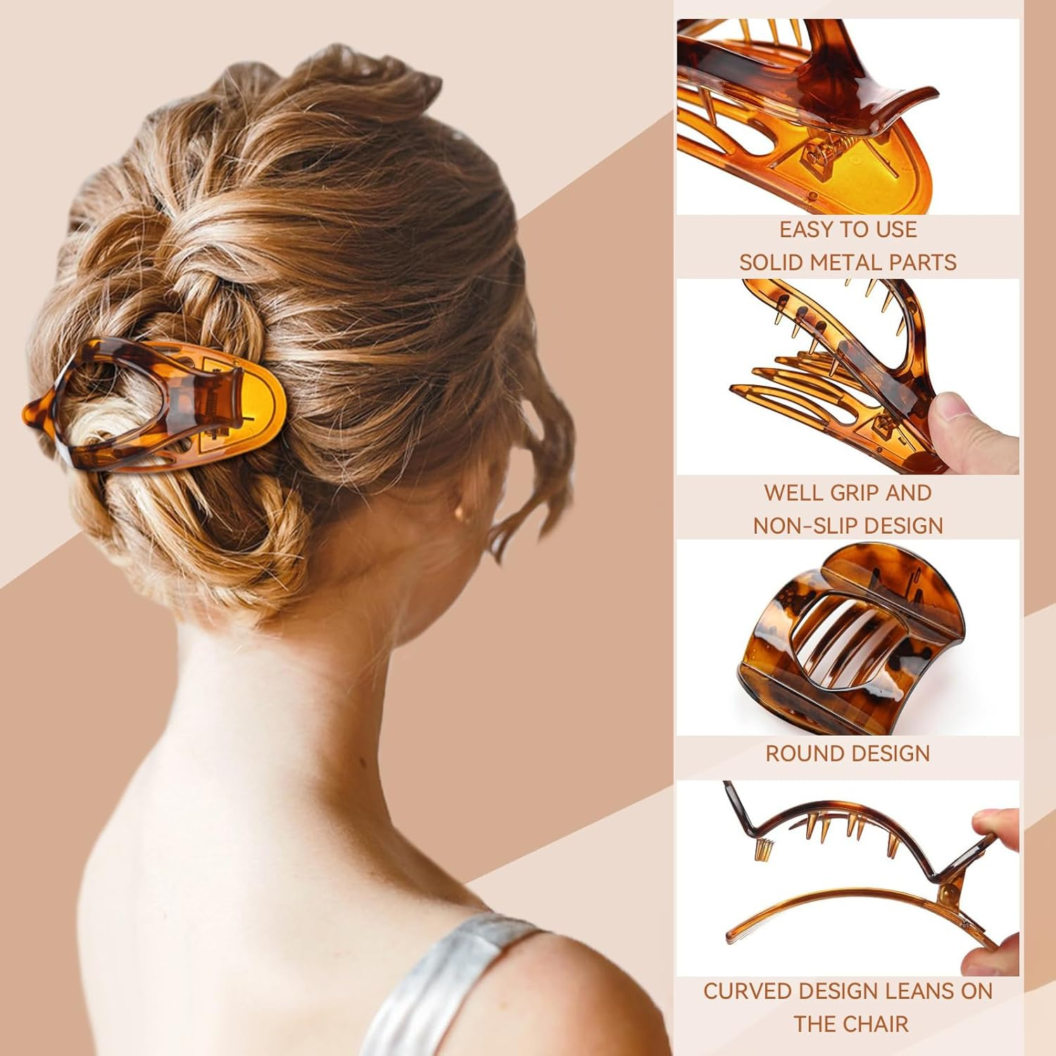 Charmburst Pack of 8 Hair Clips, 2 Styles French Flat Claw Clips, Tortoiseshell Pattern Hair Clips, French, Large Hair Clips for Thick and Thin Hair image number 4