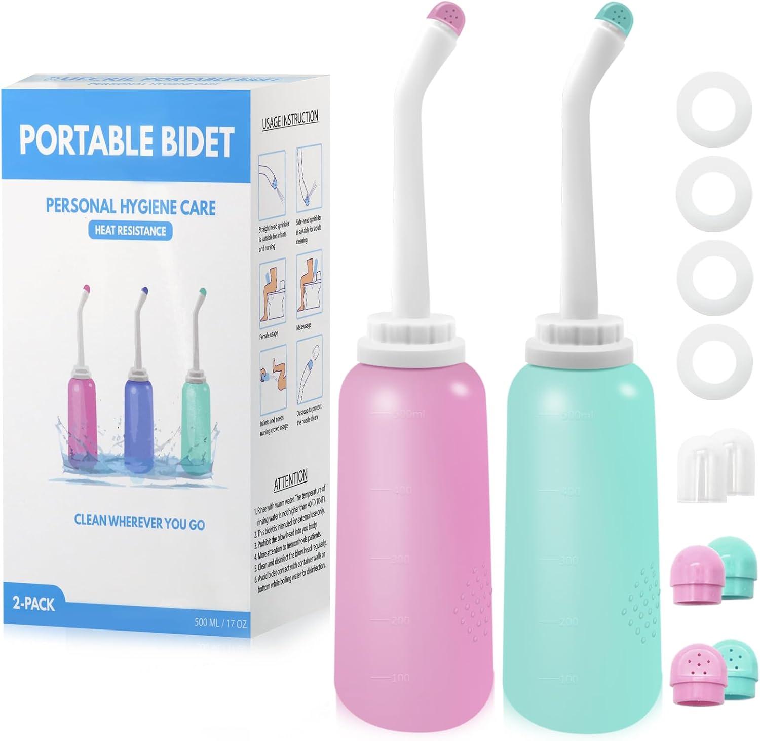 RUFCRIL Peri Bottle, Portable Travel Bidet with Carry Bag, TPE Material Can Be Boiled, 500Ml Capacity with 2 Sealing Ring,Essentials for Postpartum Perineal Care,Hemorrhoid Treatment,New Baby