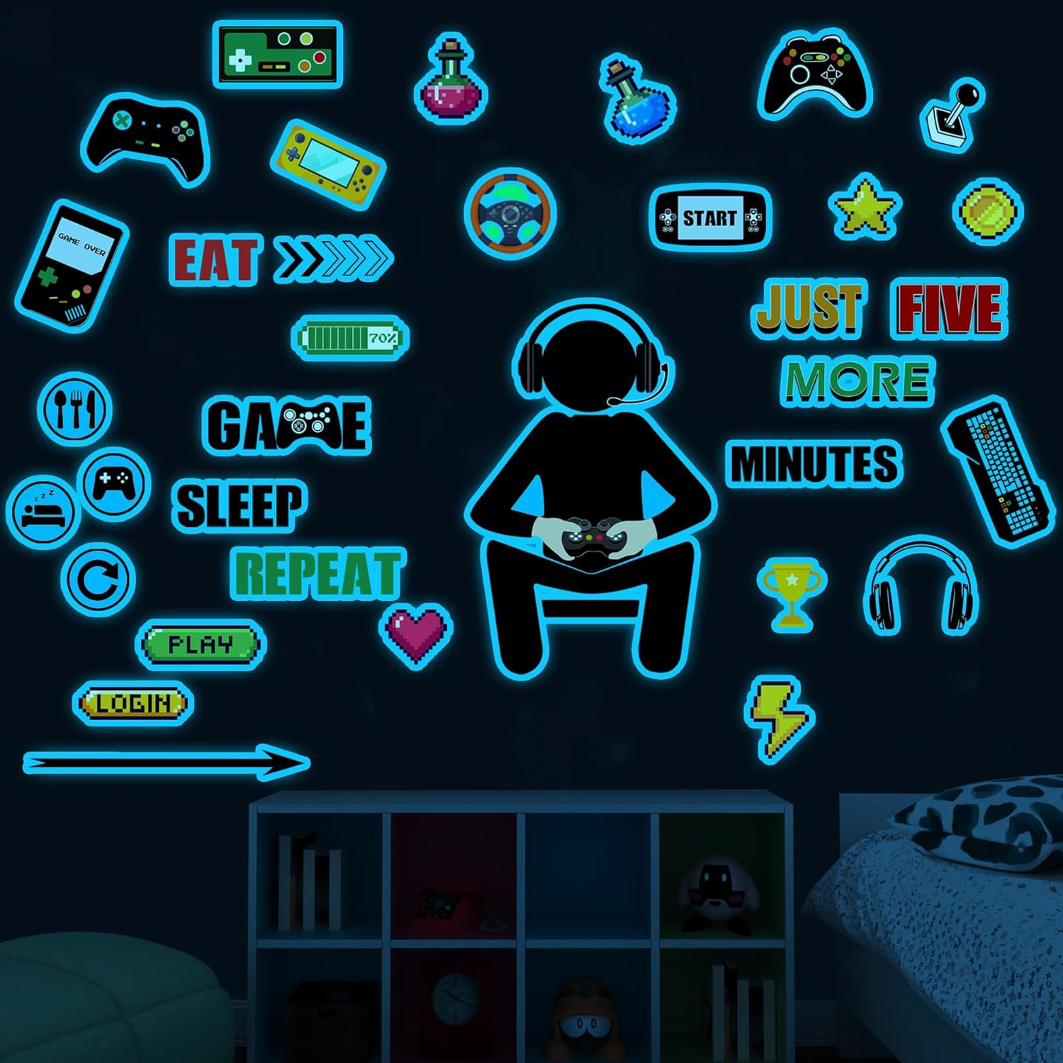 Gamer Wall Decals Stickers Glow in the Dark Wall Decals Game Wall Stickers Gaming Controller Wall Decals Game Room Decor Video Game Decal for Boys Kids Girls Bedoom Playroom Wall Decor&hellip; (Sky Blue)