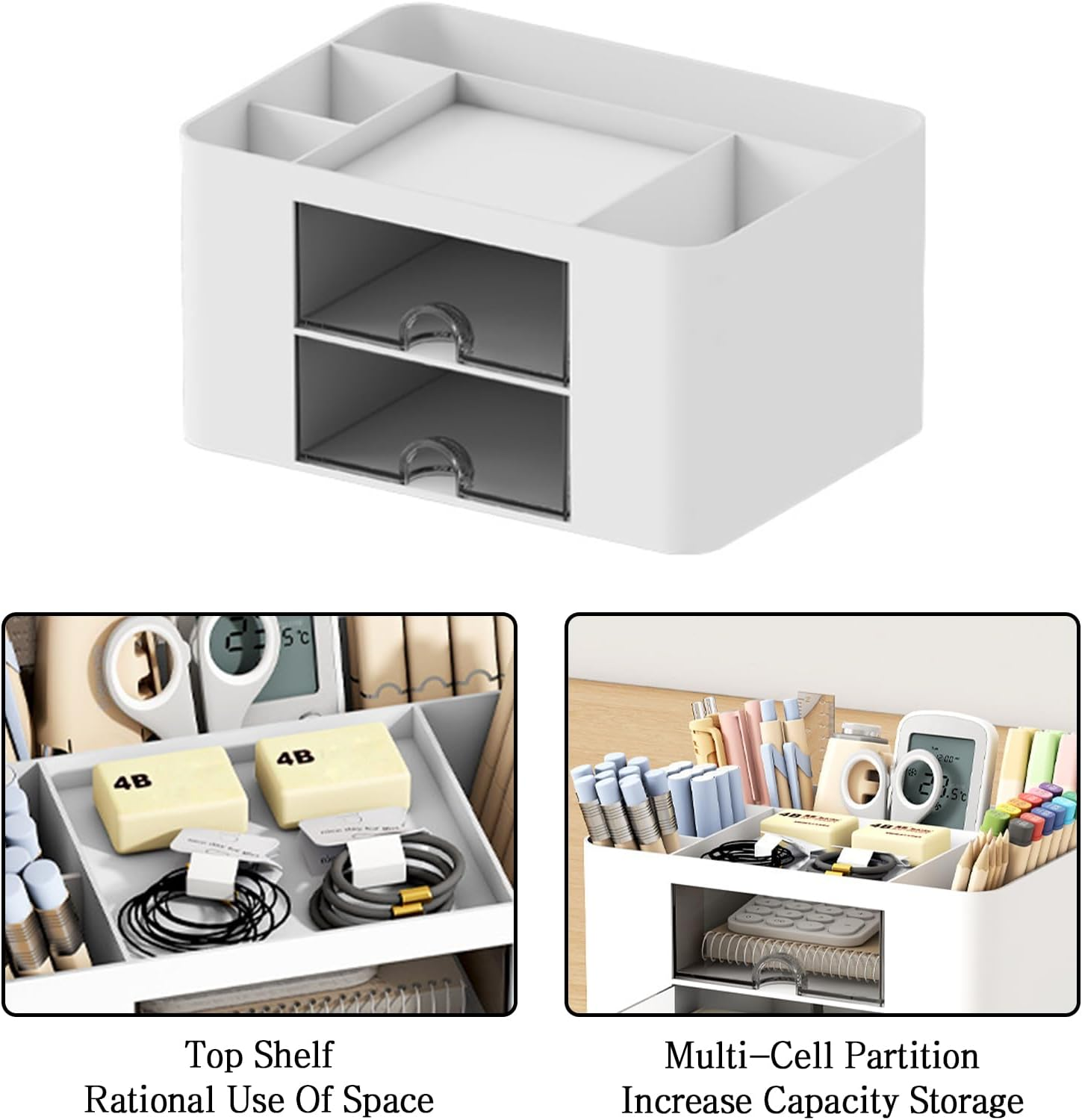 Desk Organizer with 2 Drawer and 5 Compartments, Multi-Compartment Pencil Pen Holder Drawer Storage Organizer Accessories for Office Home (White) image number 5