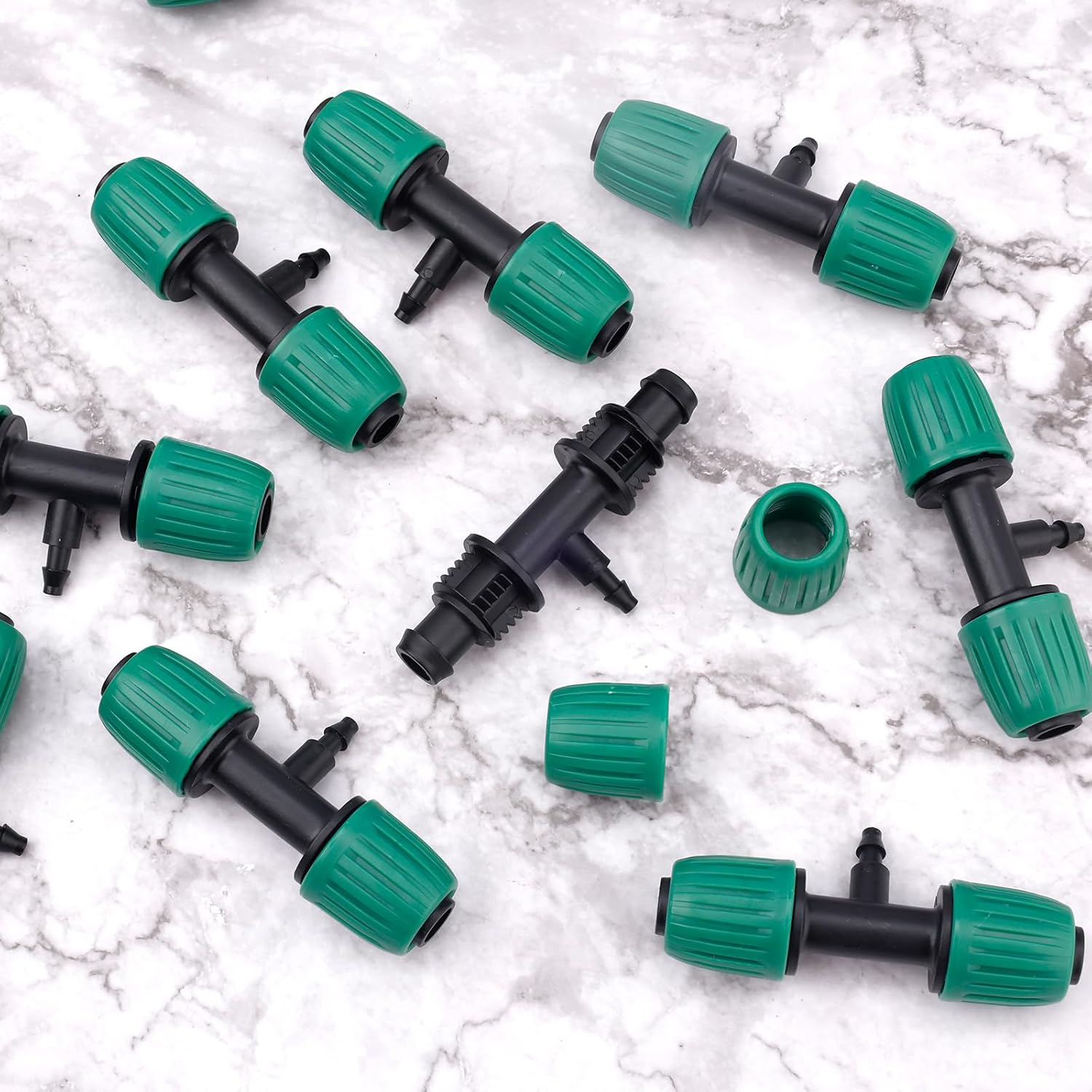 12Pcs 1/2 to 1/4 Drip Irrigation Fittings, Black and Green 1/2 to 1/4 Drip Irrigation Adapter Premium Polypropylene Drip Irrigation Parts 3 Way for Greenhouse Courtyard Lawn image number 2