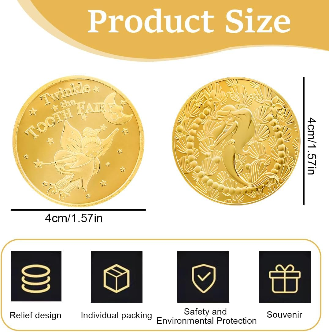 Pack of 4 Tooth Fairy Coins, Tooth Fairy Gold Coins with Positive Messages, Tooth Fairy Girls and Boys, Lost Tooth Souvenir