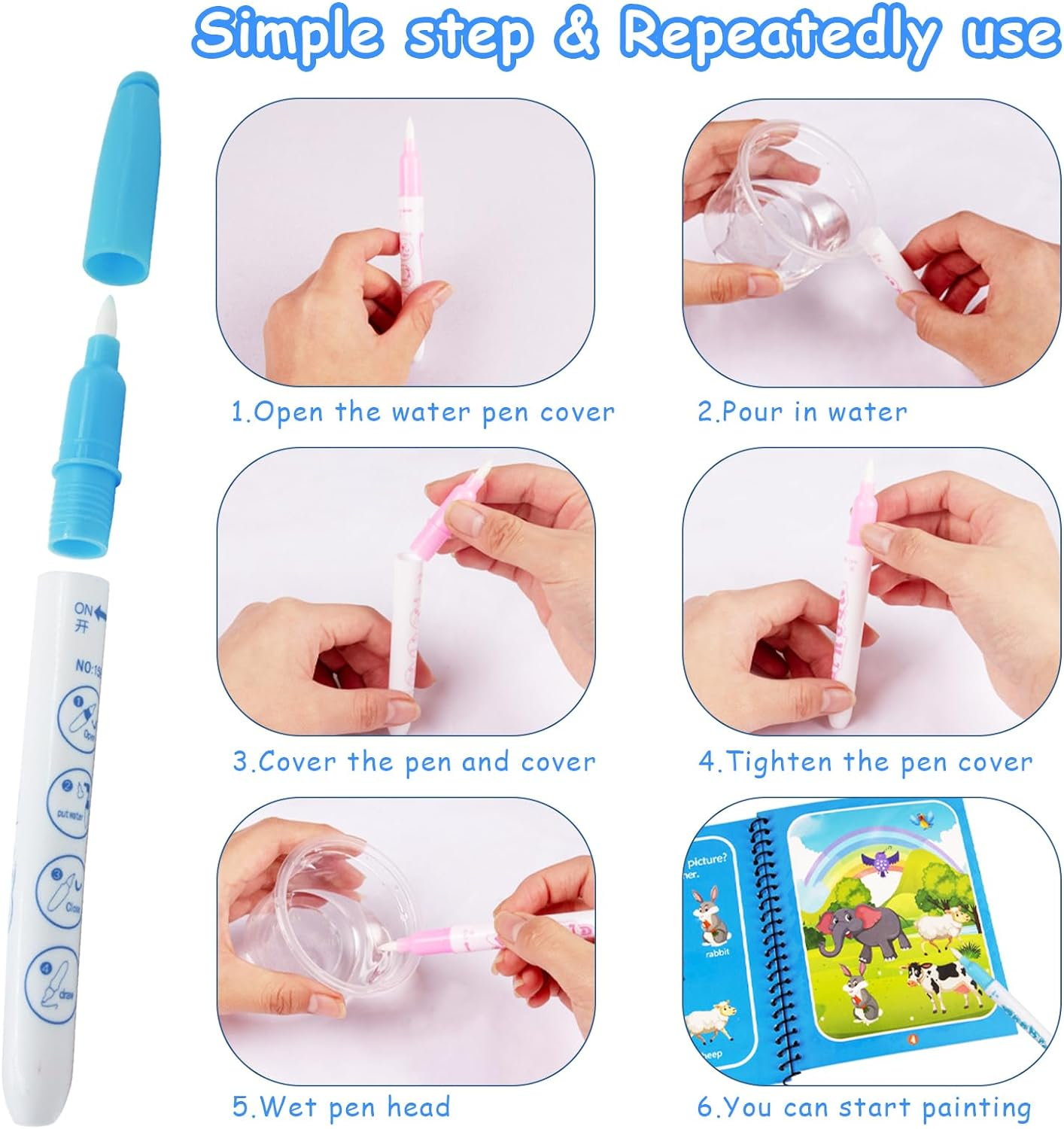 6-Pack Water Coloring Books for Toddlers, Reusable Color with Water Activity Pad, Animal World, under the Sea, Birthday Party, Fruit, Vehicle, Alphanumeric - Coloring Books for Toddlers Ages 3+ image number 1