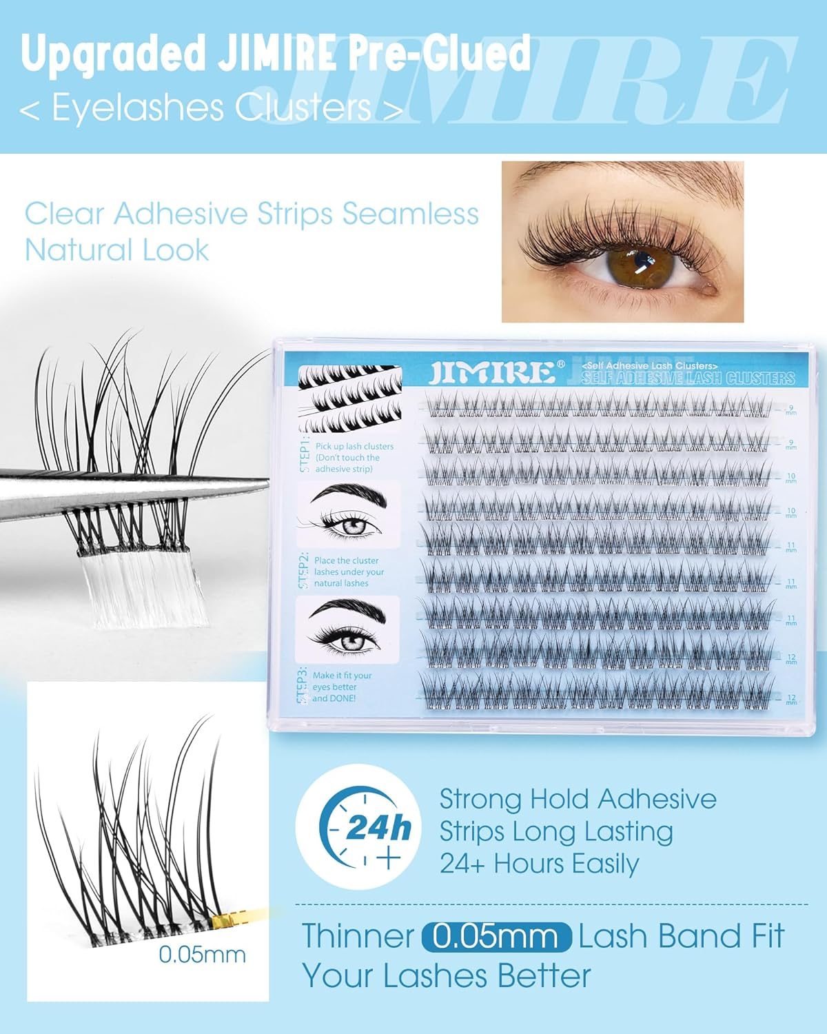 JIMIRE Natural Self Adhesive Eyelashes Wispy Pre Glued Lash Clusters No Glue Needed Press on Lashes Reusable Self Adhesive Lash Clusters Easy to Apply 9-12MM 108Pcs Pack image number 3