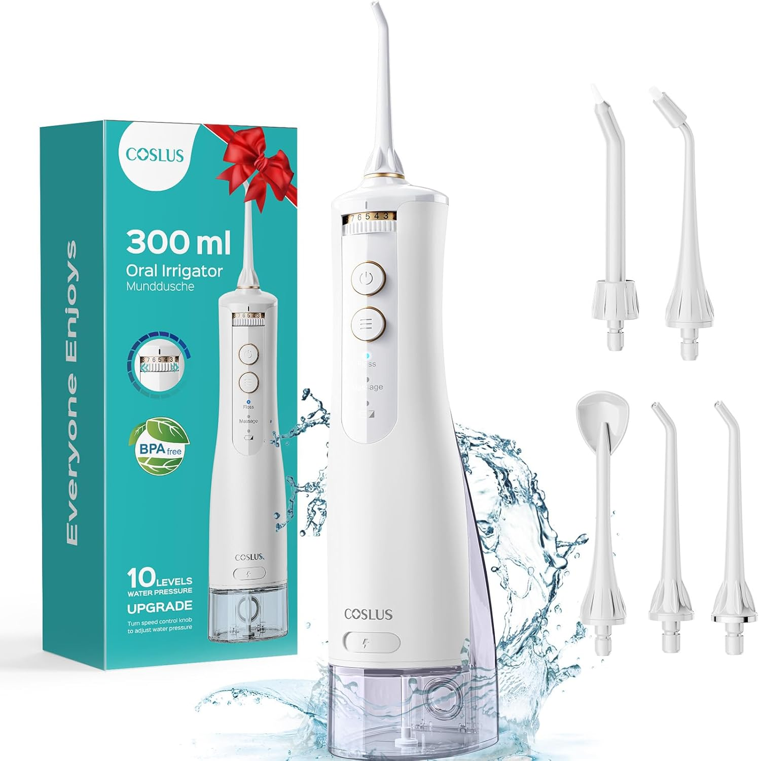 COSLUS Cordless Water Flosser for Teeth: 10 Pressure Settings Water Dental Pick for Orthodontic, Braces, Sensitive Gums, 5 Tips for Multiple Users, Rechargeable for Travel, Bpa-Free, White, E40(WFP14)