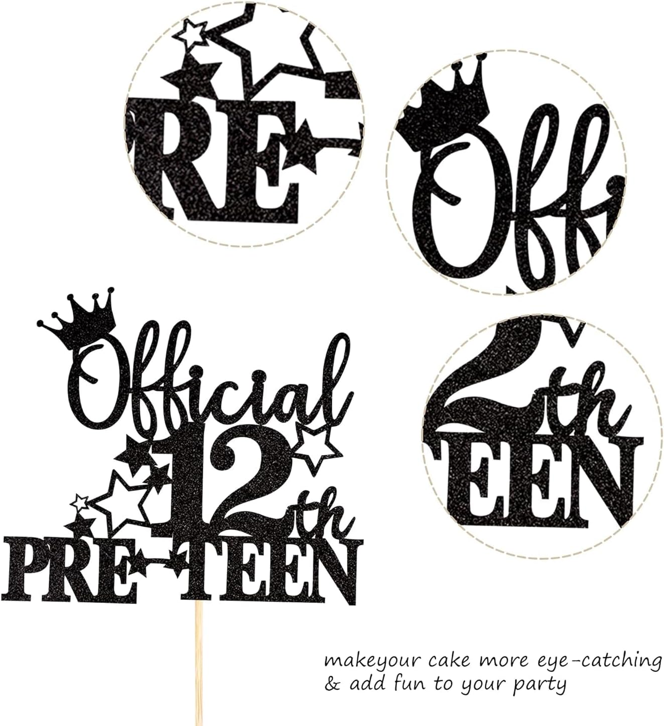 Confetti! 1Pc Black Official Pre-Teen 12 Cake Topper Glitter Happy 12Th Birthday Cake Pick Cheers to 12 Years Old Cake Decorations for Teen 12Th Birthday Party Supplies (Black) image number 3