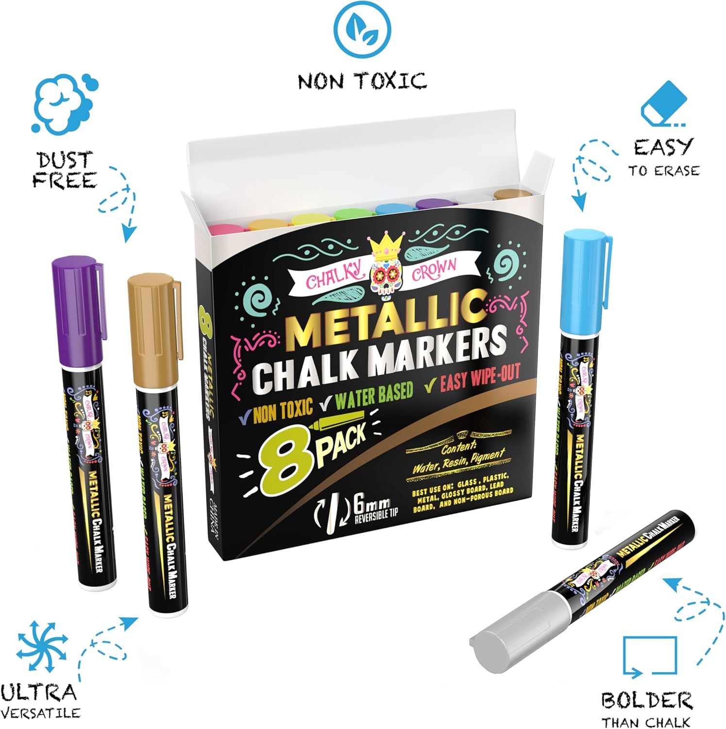 CHALKY CROWN Metallic Liquid Chalk Markers for Blackboard - Drawing Markers with Reversible Bullet and Chisel Tips - Dust Free Charlkboard Markers - Chalk Pens Mirror Pens (8 Pack) image number 2