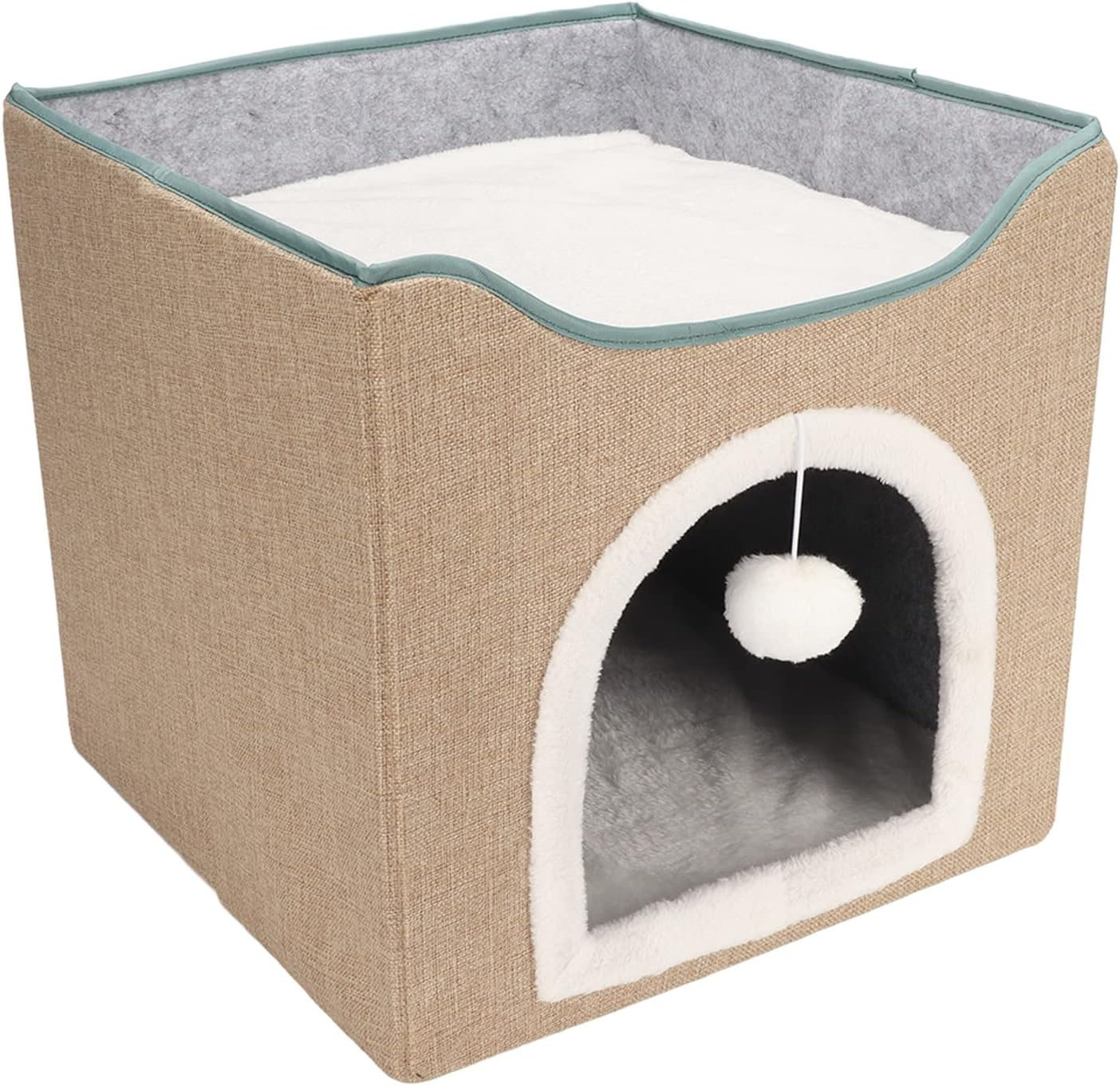 Cat House, Foldable Enclosed Warm Breathable Cat Cave Bed with Scratcher Plush Ball, Machine Washable Cat Beds Resistant Bottom Collapsible Outdoor Cat House for Cats (Apricot) image number 1