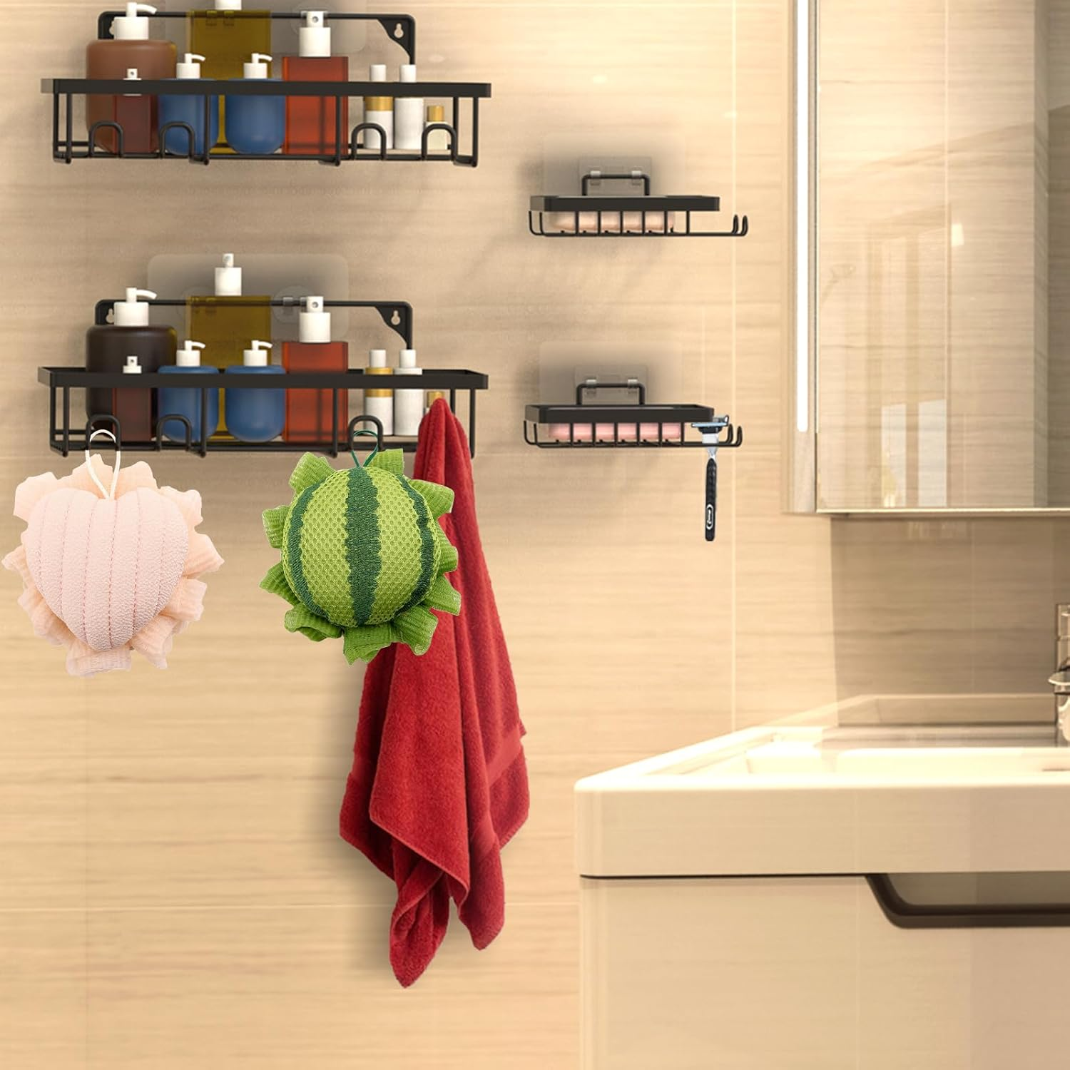 Reignsword 2 Pack Cute Bath Loofah, Cartoon Watermelon & Love Heart Shape - Mesh Shower Sponge Body Scrubber, Exfoliating Bath Accessories for Women image number 3