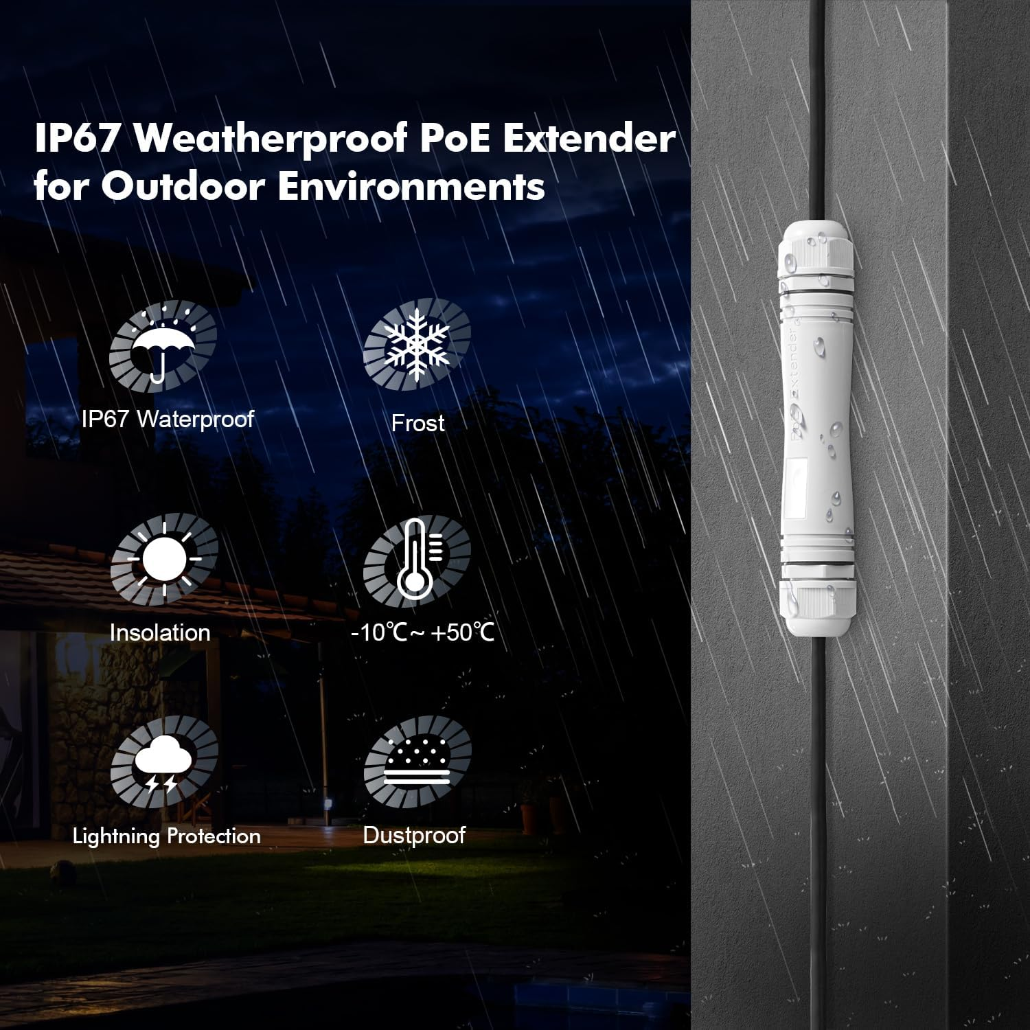 Outdoor IP67 Waterproof Gigabit Poe Passthrough Switch, 1 Poe in 1 Poe Out Extender, Ieee802.3Af/At Poe Powered 30W, 10/100/1000Mbps Ethernet, Wall Mount Plug and Play image number 2