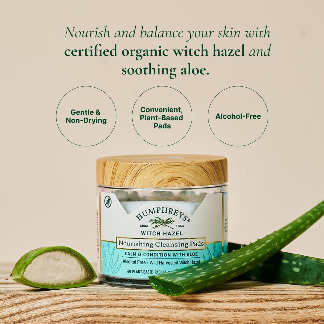 Humphreys Witch Hazel Nourishing Cleansing Pads | Wild Harvested Witch Hazel & Aloe | Hydrating, Natural Alcohol-Free Formula | 60 Rounds image number 3