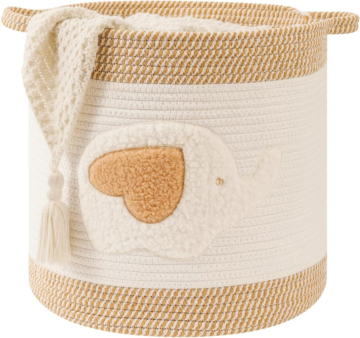 Large Blanket Baskets for Living Room Decor, Toy Storage Baskets Woven Cotton Rope Storage Basket for Kids, Dog Toys Organizer Clothes Hamper with Embroidery Decor for Nurserylaundry (Large, Giraffe)