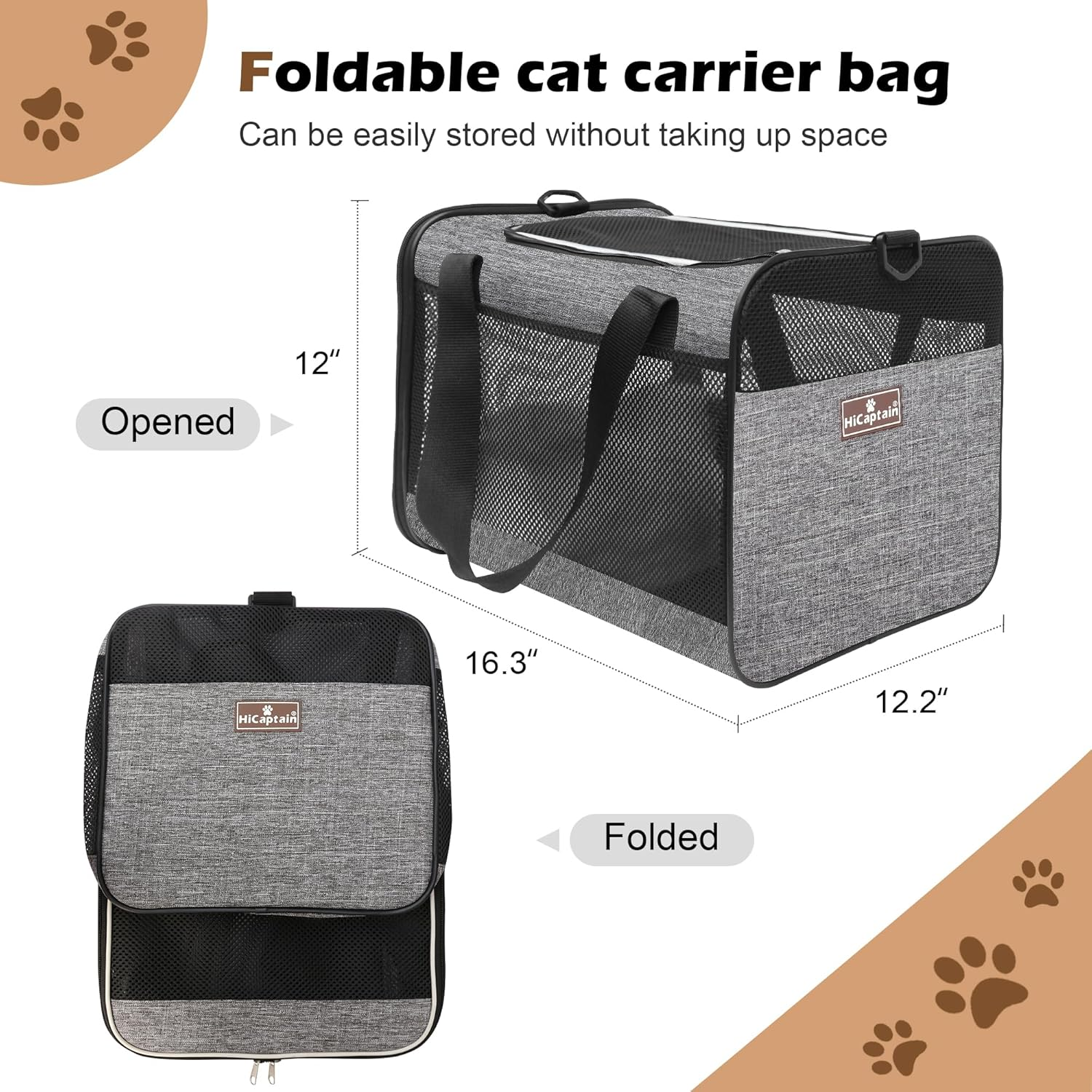 Hicaptain Cat Carrier Bag, Lightweight Soft Cat Carrier with Top Mesh Window, Breathable Pet Carrier for Medium Cats and Small Dogs Puppies up to 15 Lb - Grey image number 5