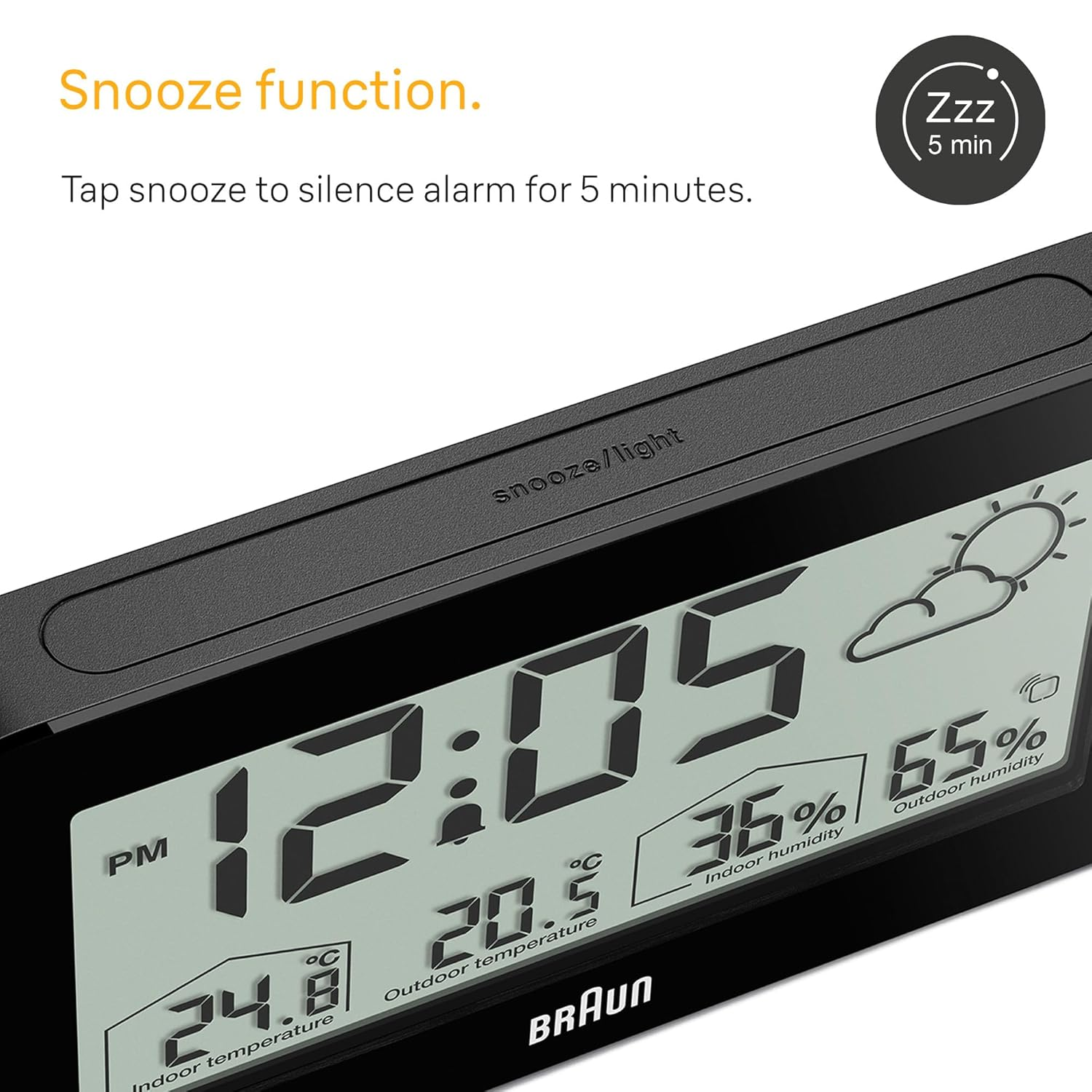 Braun Digital Weather Station Clock with Indoor and Outdoor Temperature and Humidity, Forecast, LCD Display, Quick-Set, Crescendo Beep Alarm in Black, Model BC13BP. image number 2
