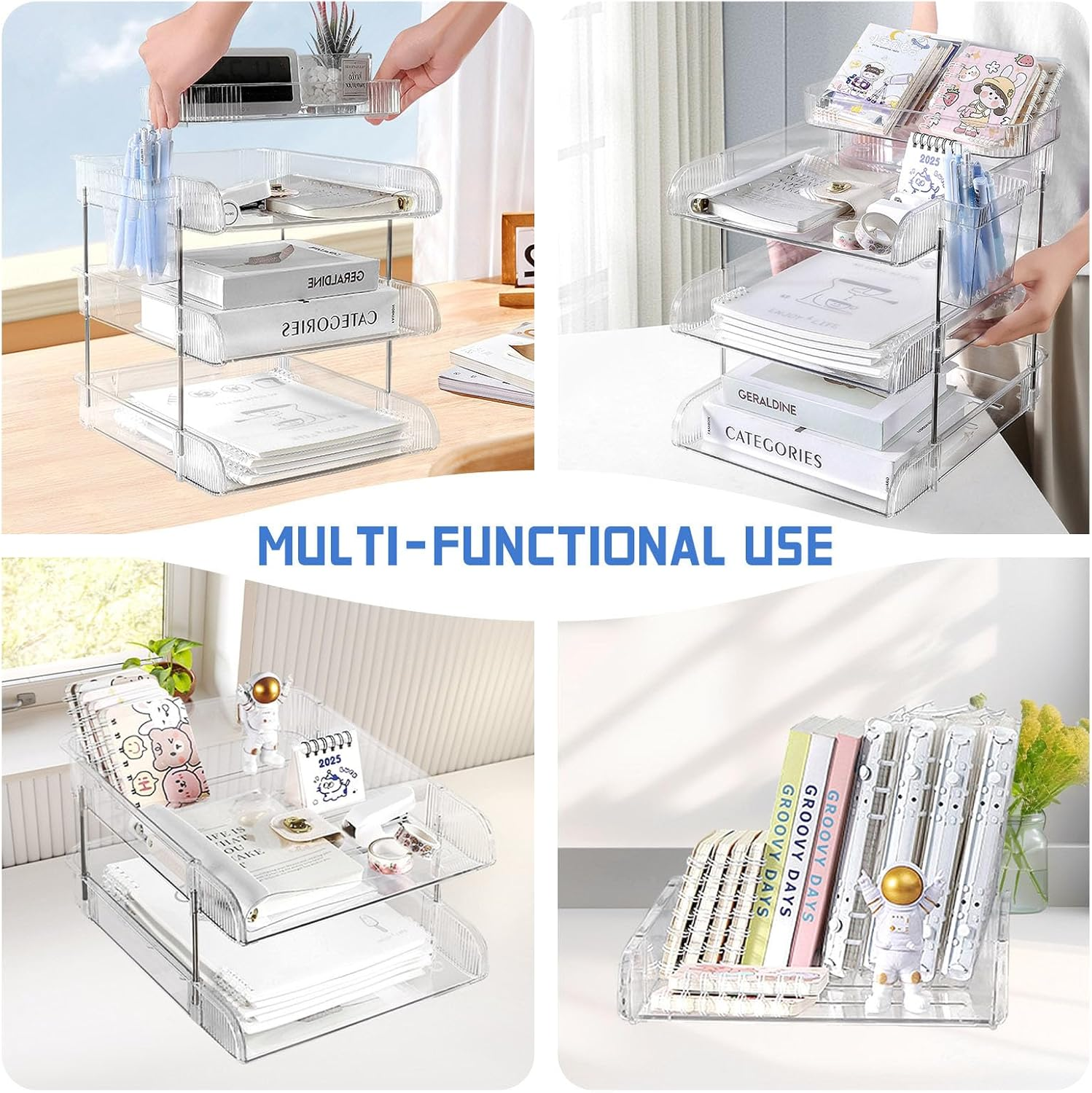 4 Tier Countertop Letter Tray, Clear Office Desk Letter Organisers, A4 File Tray, Stackable Paper Organiser, File Holder with Pen Holder and Extra Storage Box for Home Office School image number 1