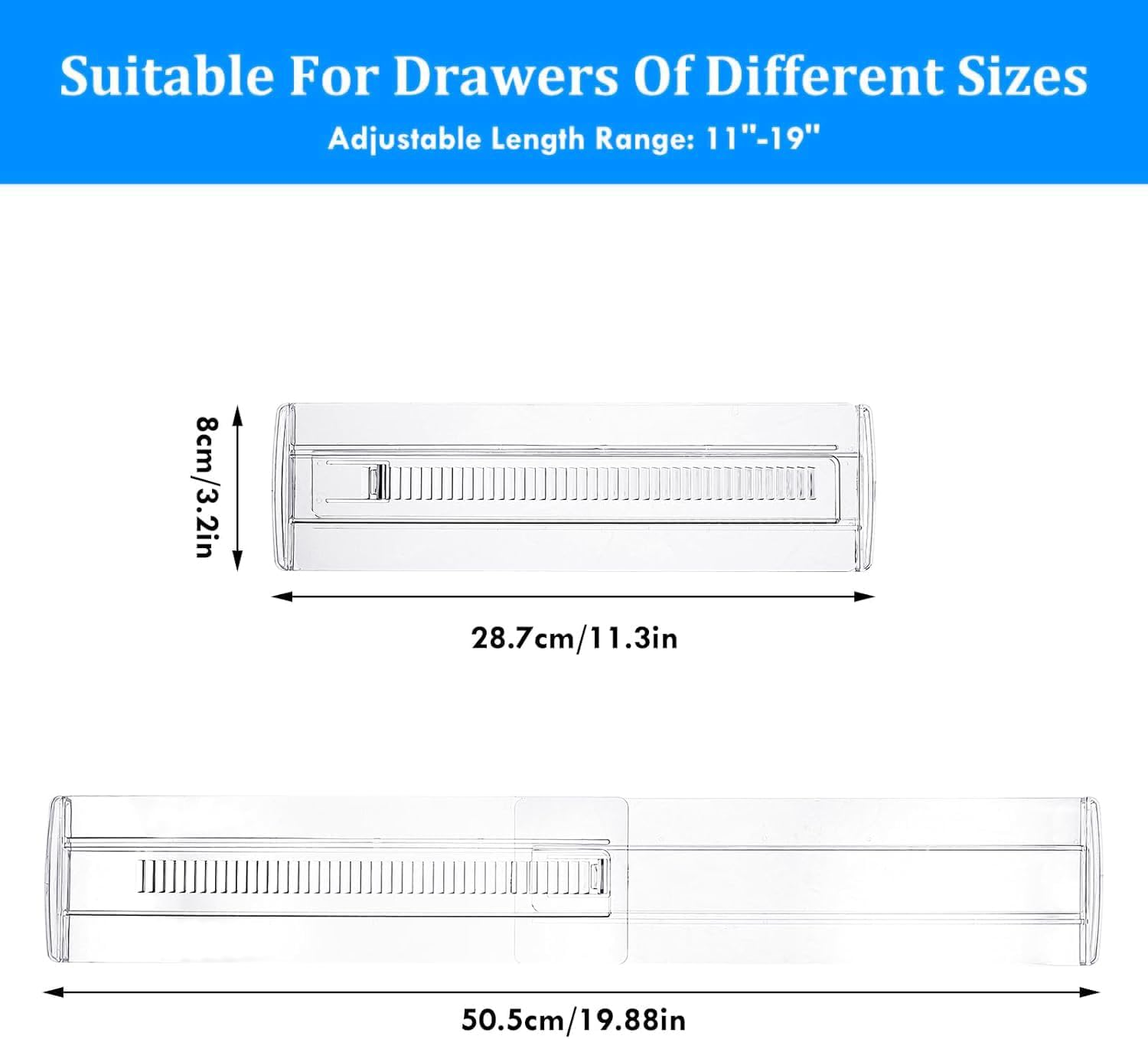 12PACK Drawer Dividers,Adjustable Clear Drawer Organisers, Expandable 28.7&ndash;50.5Cm and 8Cm High Drawers Separators for Bedroom Clothing, Kitchen Utensils, Bathroom & Office Organization and Storage image number 2