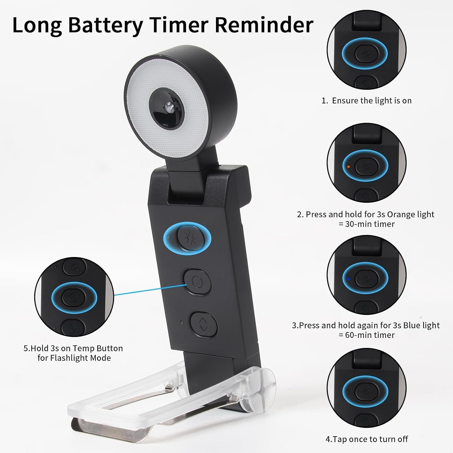 Book Light, USB Rechargeable Clip-On Reading Light, 30 Adjustable Modes, Eye-Caring,Flashlight with Timer, Perfect for Book Lovers/Travel (Black-Round) - Black-Round-2Pack image number 6