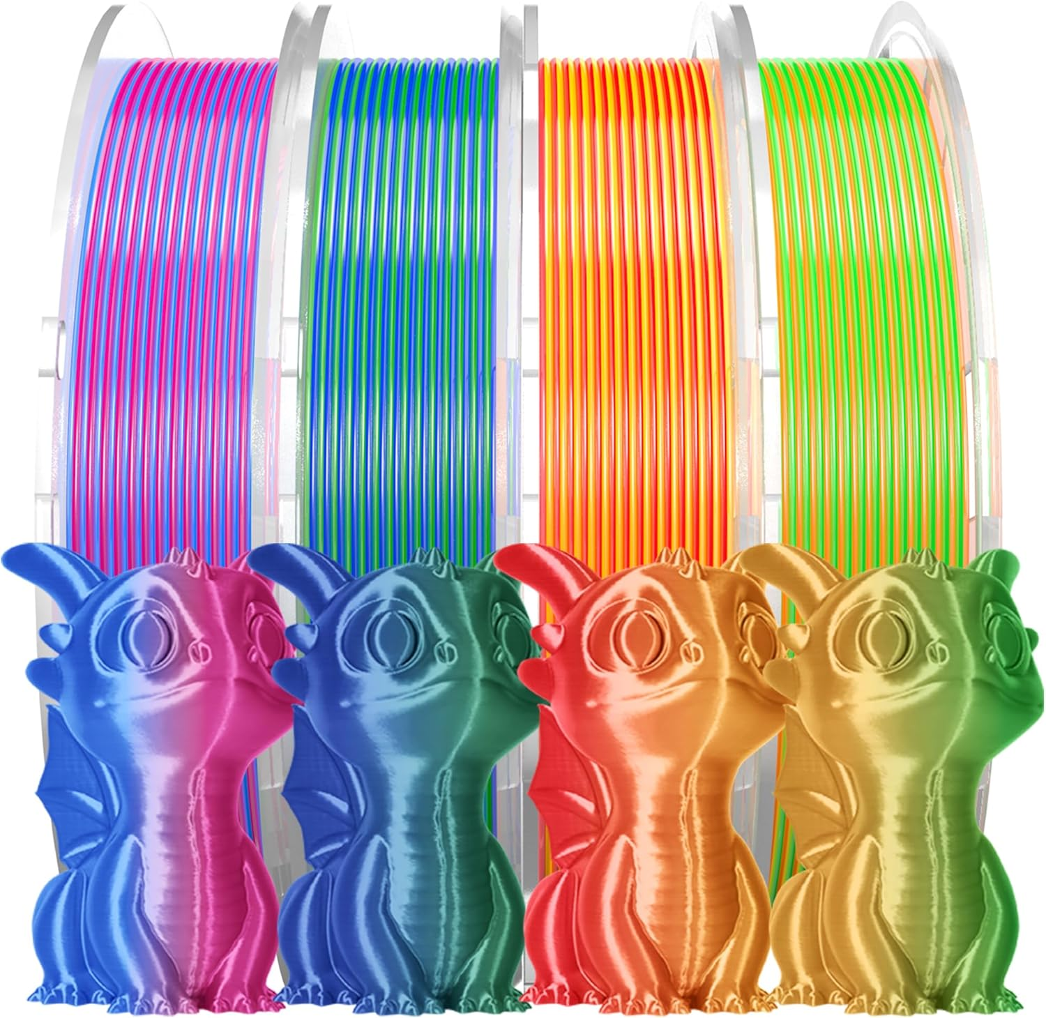 RAMBERY Silk Dual Color Filament PLA 3D Printer 1.75Mm +/- 0.03Mm Coextrusion Filament PLA Shiny 250G X 4Pack, Red Blue, Gold Red, Blue Green, Gold Green