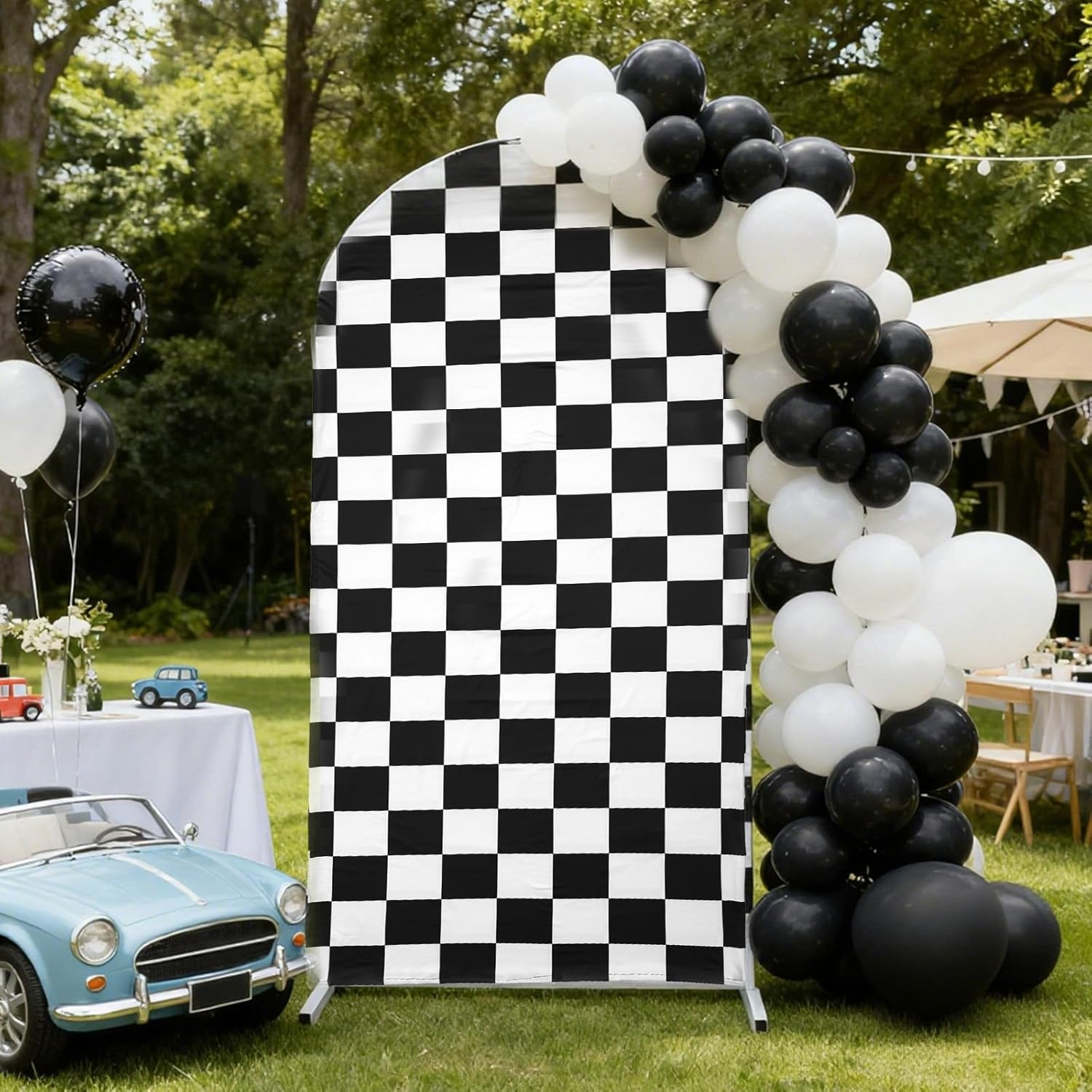 Truck Arch Backdrop Cover, 6Ft Racing Party Arch Cover Black & White Checkered Birthday Decorations for Kid Boys image number 6