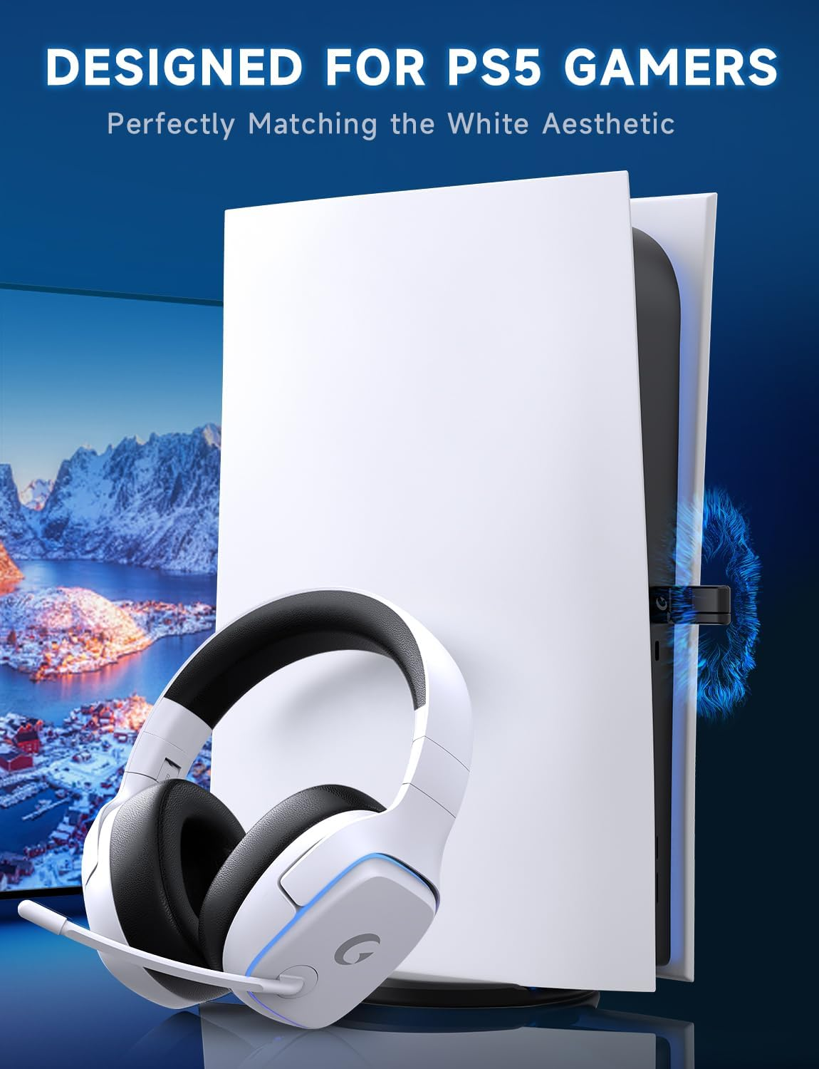 2.4Ghz Wireless Gaming Headsets for PS5, PS4, PC, Switch - Bluetooth 5.3 Gaming Headphones with Noise Canceling Mic, 7.1 Surround Sound, 70H Battery, Blue Lighting - Pearl White image number 5