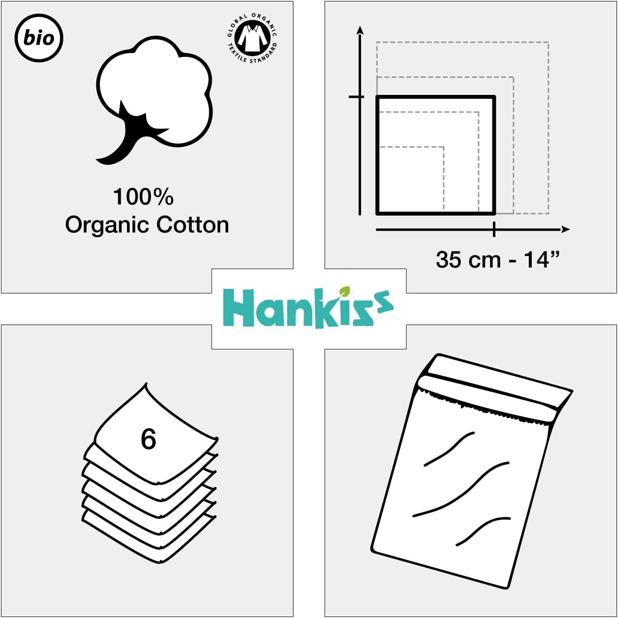 Hankiss - Handkerchiefs Made of Organic Cotton, White, Model Frost, Size 35 Cm X 35 Cm, 6 Pieces, 100% Cotton, Gots-Certified image number 1