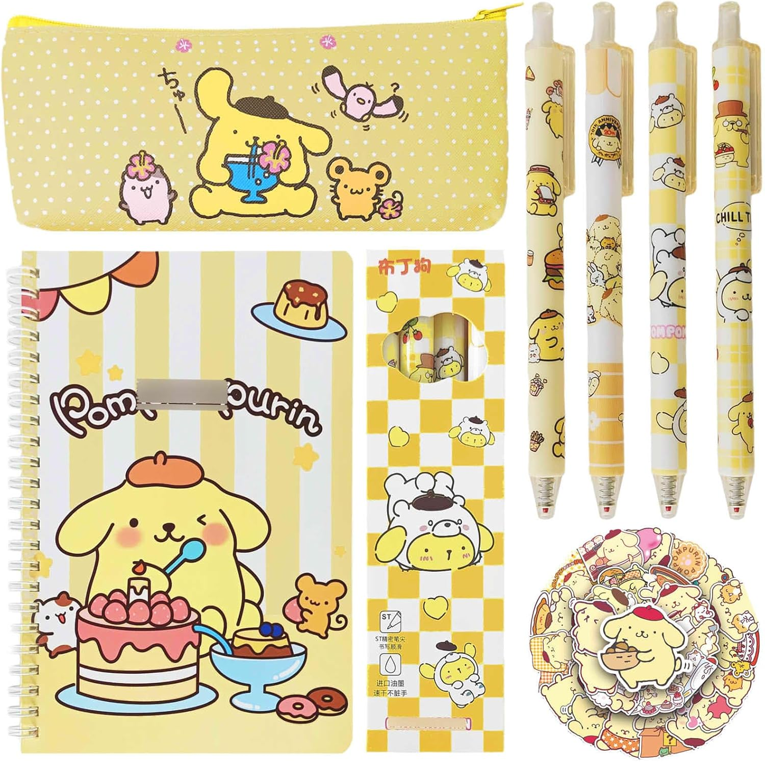Koiswim Cute Pompompurin School Supplies Set - Gel Pens, Journal Notebook, 50 Stickers, Pencil Cse, Kawaii Stationery Set, Back to School Gift, Yellow Pompompurin image number 4