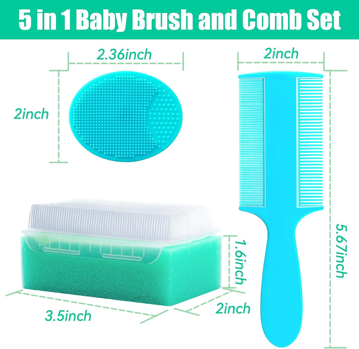 Cradle Cap Brush for Babies, 5Pcs Cradle Cap Treatment Set with Soft Bristle Brushes Silicone Scrubber Long Comb for Newborn Bathing Essentials Baby Brush and Comb Set (Green) image number 4